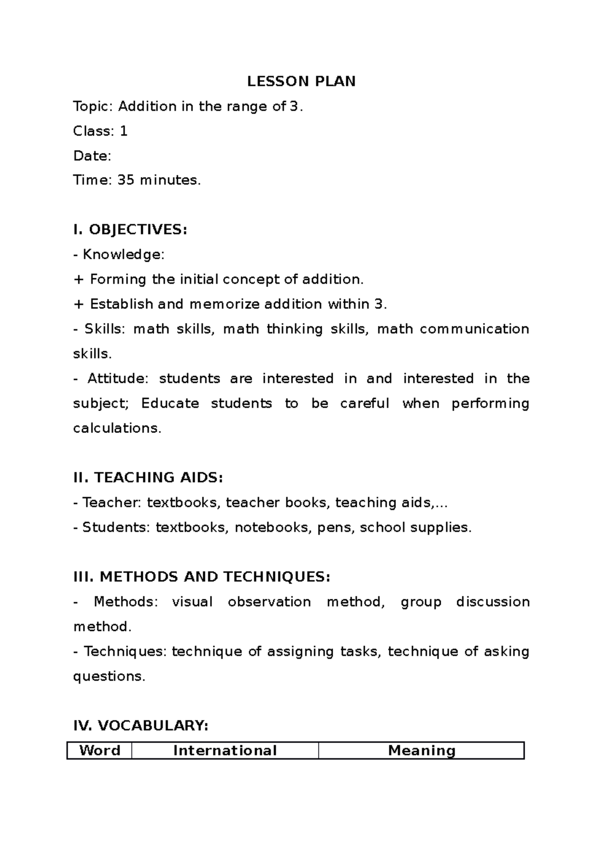 41 - hay - LESSON PLAN Topic: Addition in the range of 3. Class: 1 Date ...