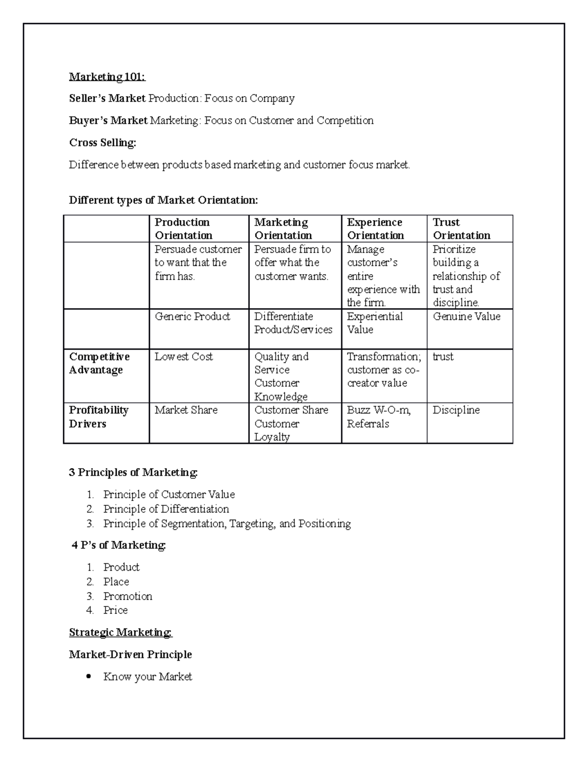 Marketing 101 - Lecture notes 1 - Marketing 101: Seller’s Market ...