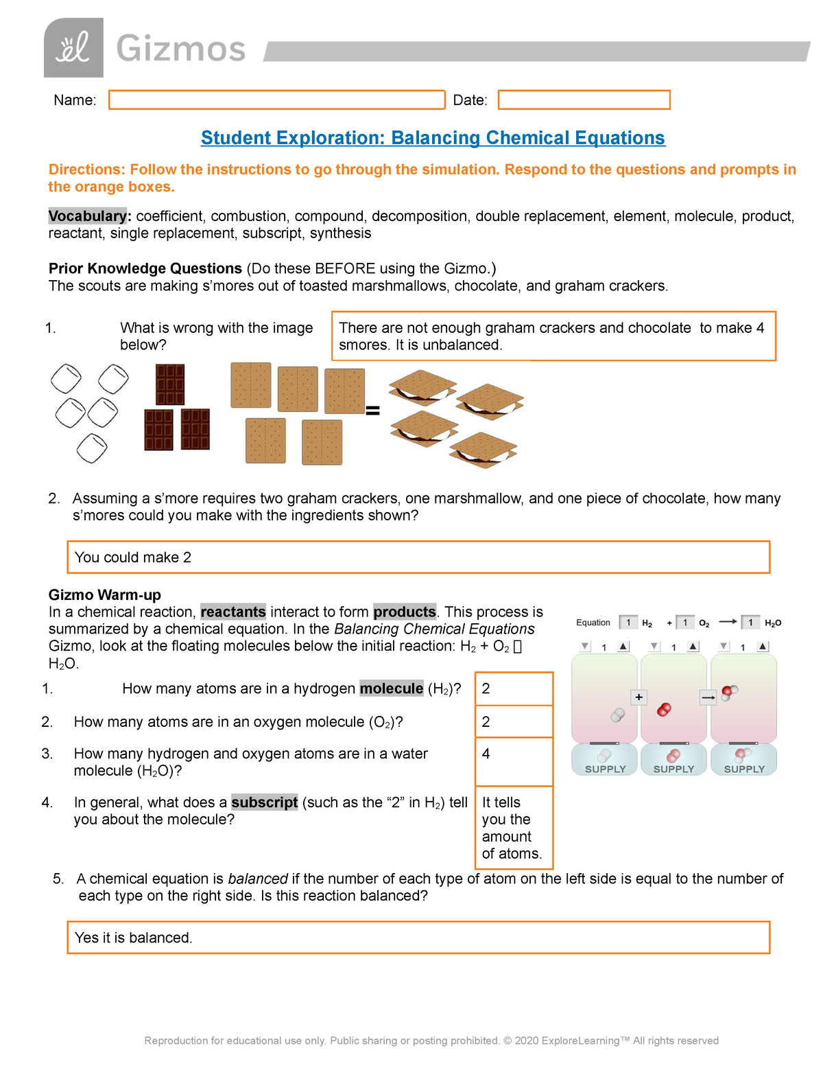 Jade Alcantara-Morillo - Gizmo Balancing Chem Equations SE - Name: Date ...