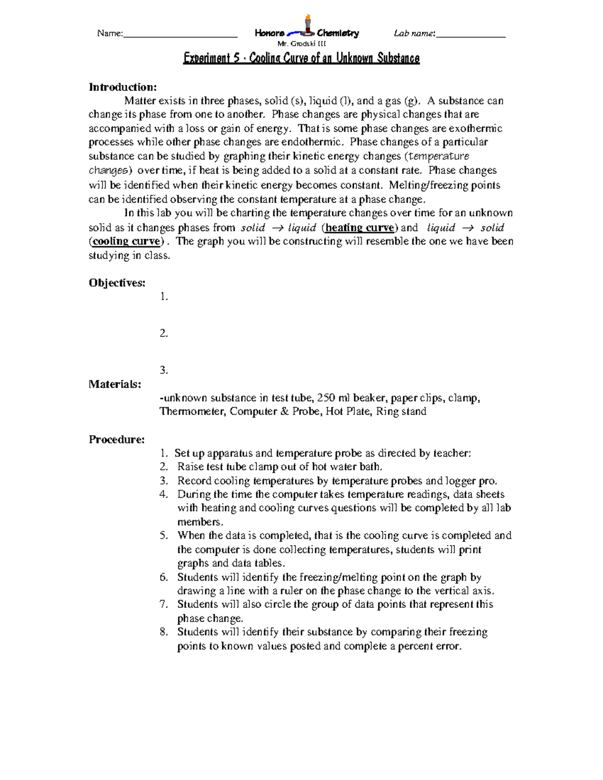 LAB 5 honors Cooling curves of an unknown substance Name