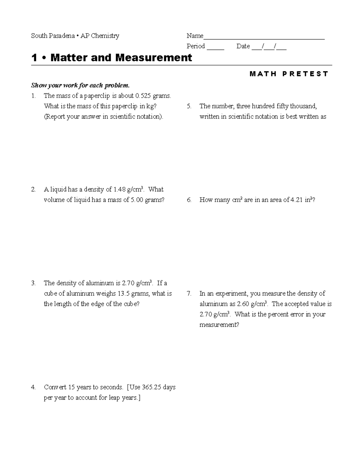 Apch01 pretest 08 - South Pasadena • AP Chemistry Name