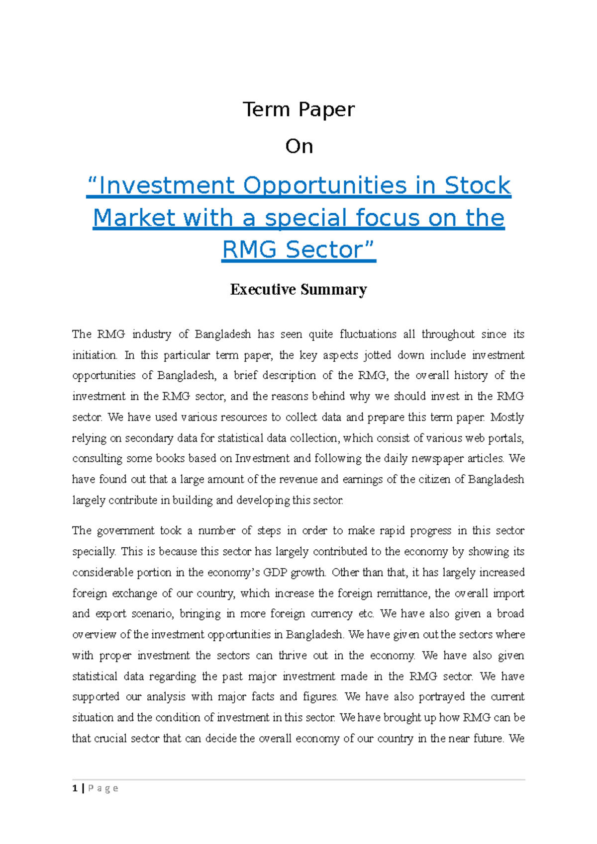 research paper on investment in stock market