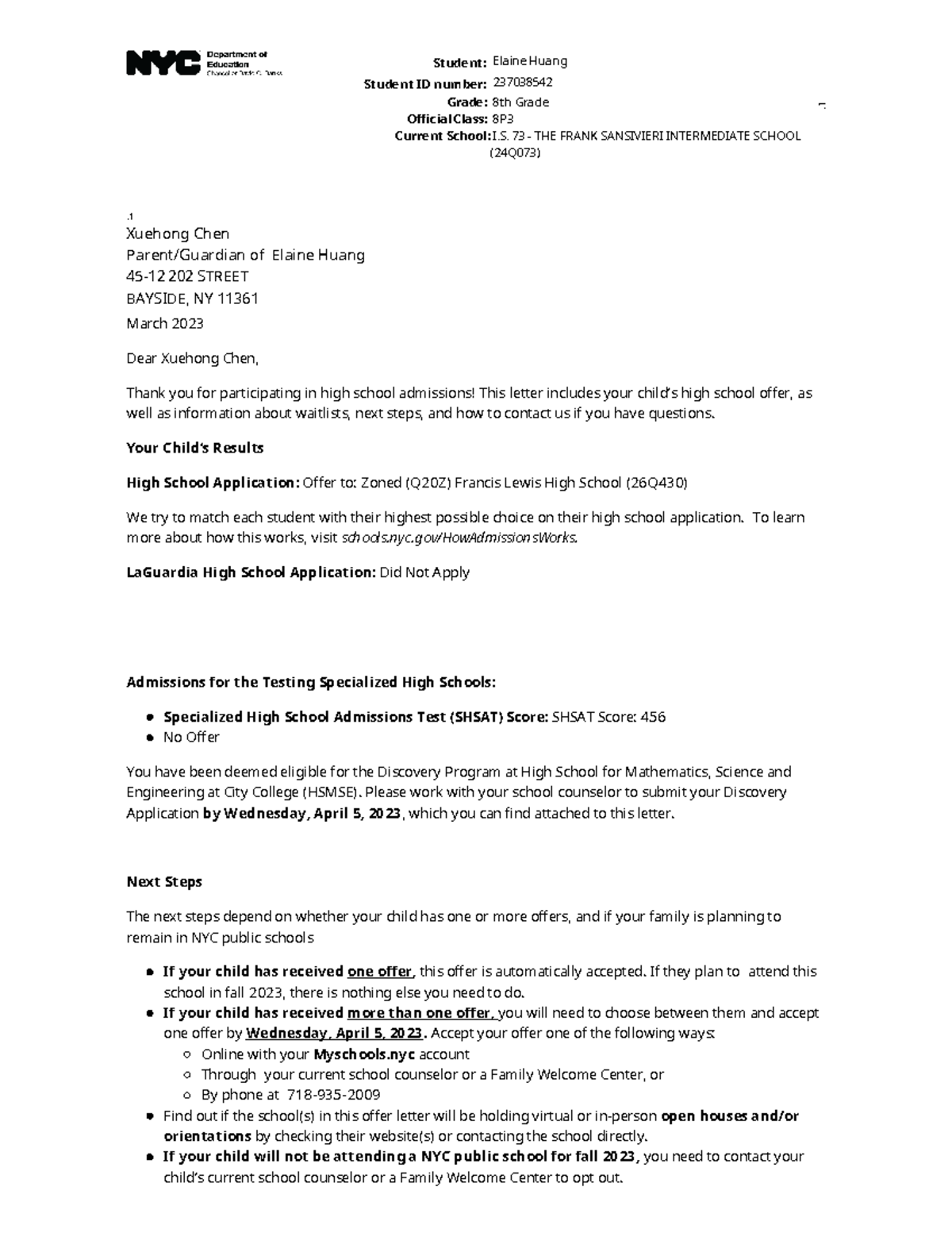 237038542-['(A) Grade 8 9 - HS application SHS results Shsat No Offer ...