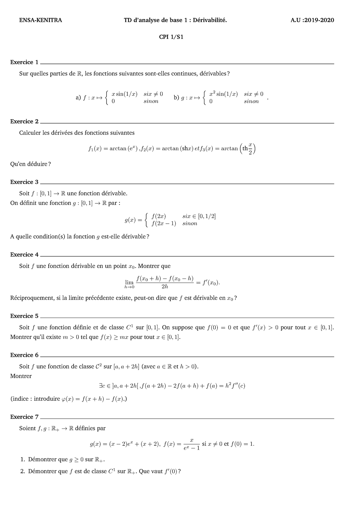 TD D’analyse De Base 1 : Dérivabilité. - A :2019- CPI 1/S Exercice 1 ...