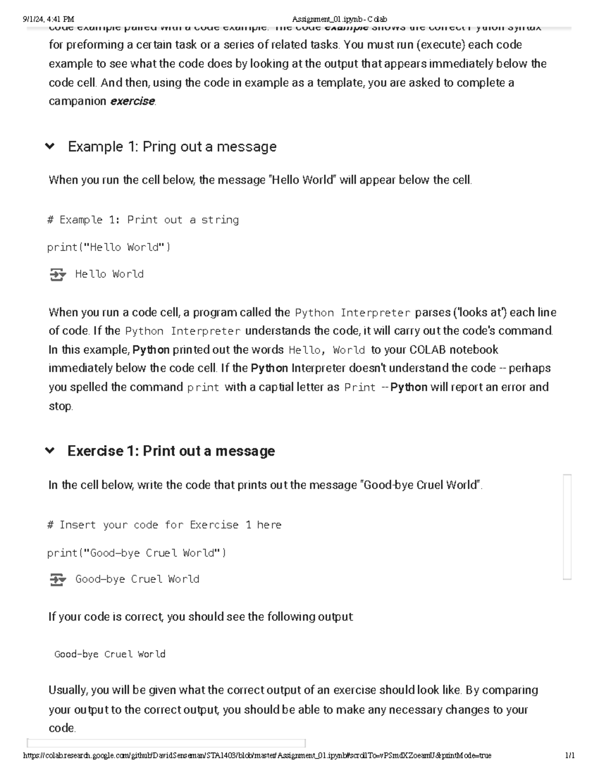 Assignment 01 google colab - code example paired with a code example ...