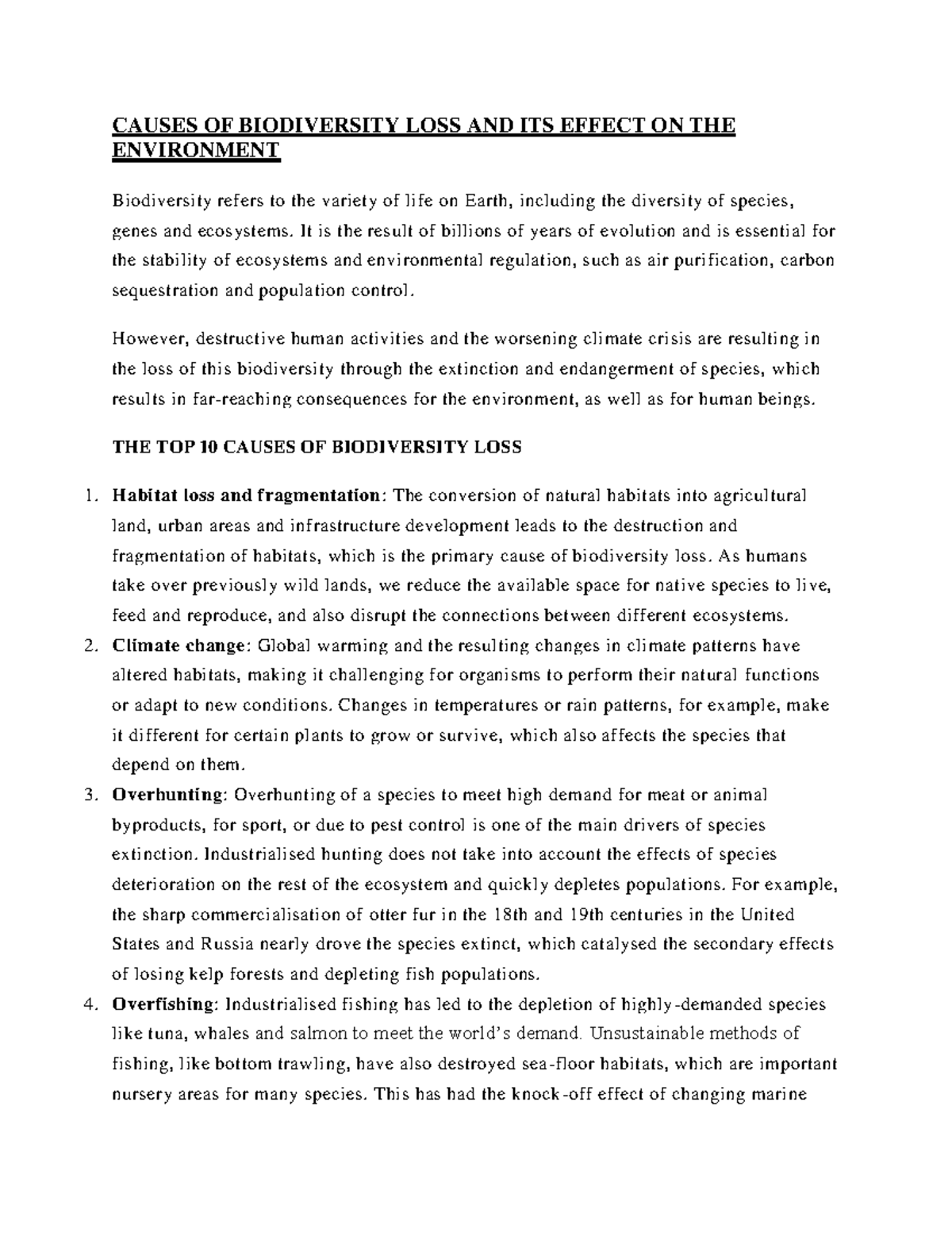 Causes OF Biodiversity LOSS AND ITS Effect ON THE Environment - CAUSES ...