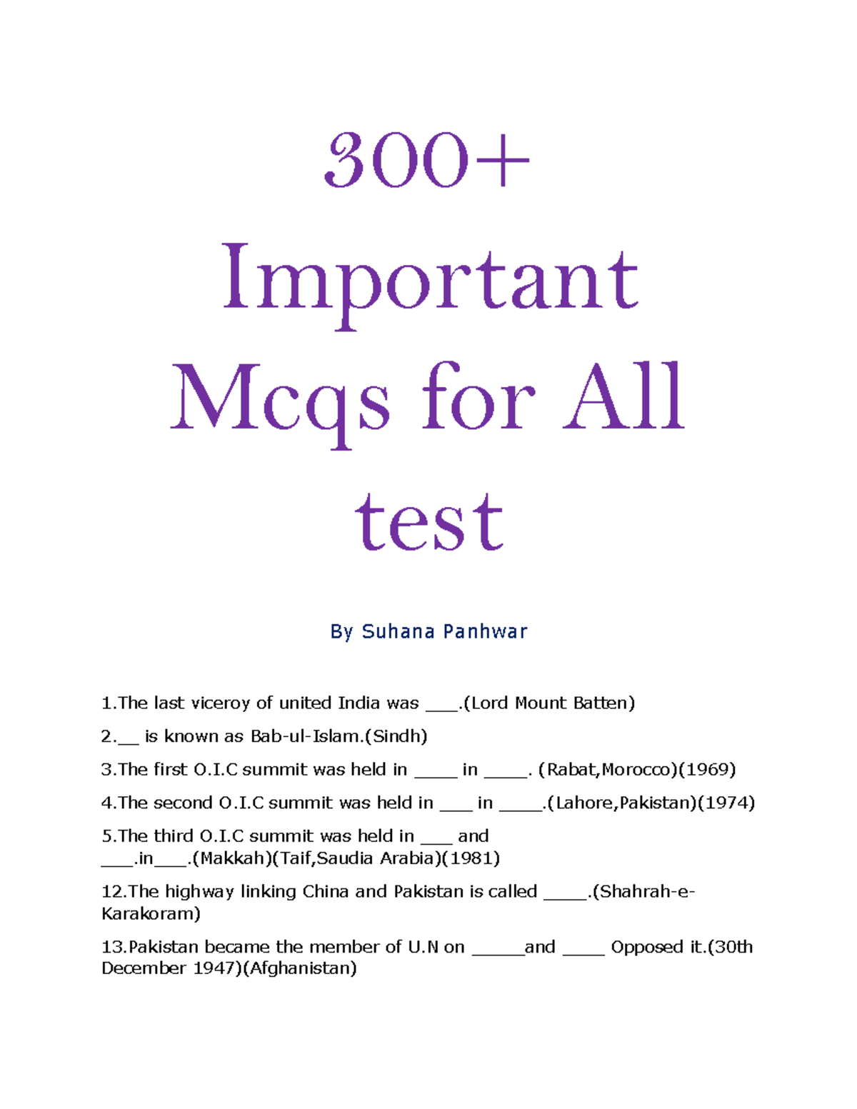 300+ Important Mcqs For All Test - 300+ Important Mcqs For All Test By ...