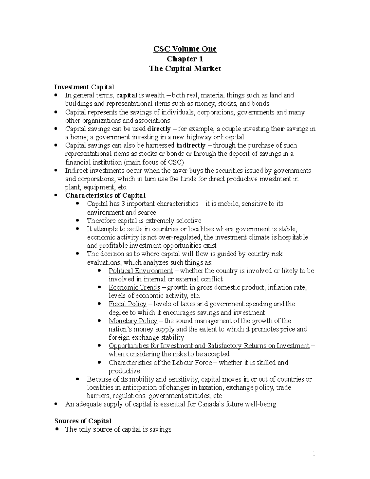 CSC Volume 1 (ch 1) - CSC Volume One Chapter 1 The Capital Market ...