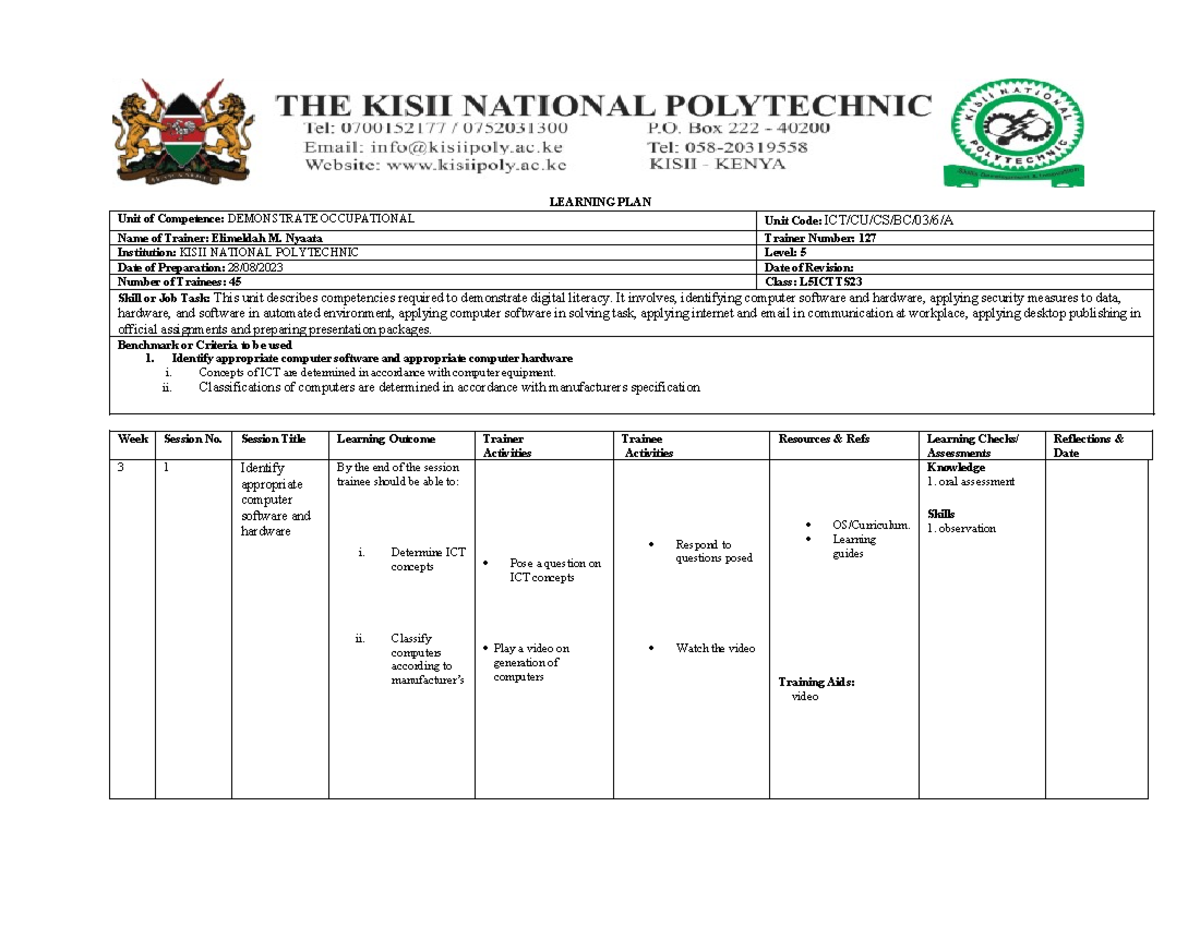 L5ICTT Learning PLAN digital literacy - LEARNING PLAN Unit of ...