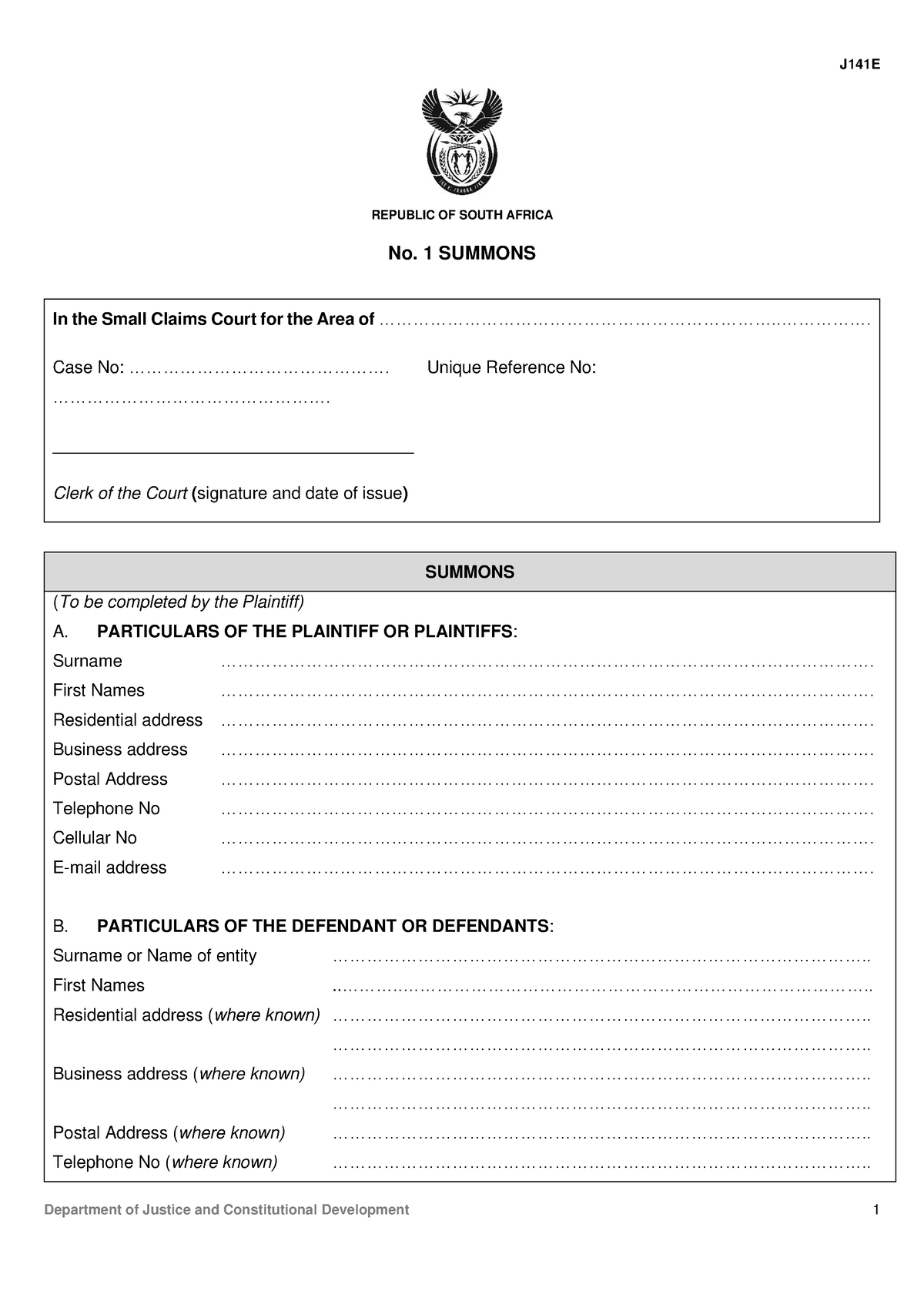 Scc J141-Form01 - Con Court - REPUBLIC OF SOUTH AFRICA No. 1 SUMMONS In ...