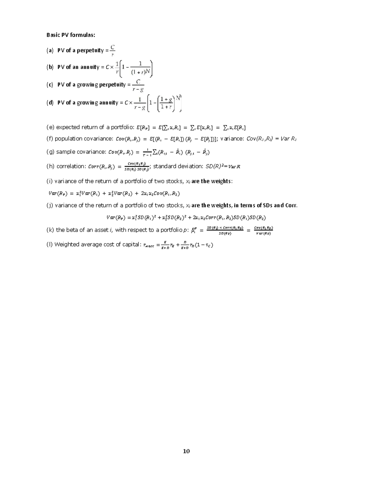 Formula Sheet For Final Exam - 10 Basic PV Formulas: (a) PV Of A ...