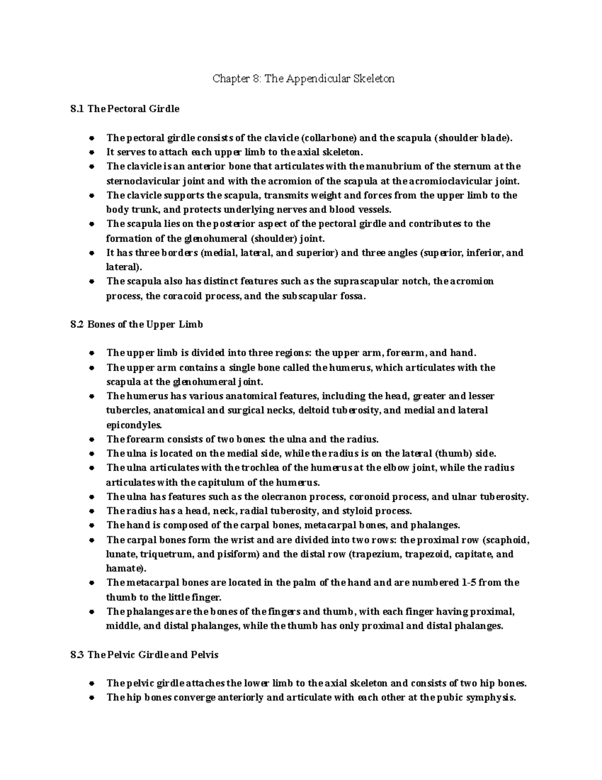 Chapter 8- The Appendicular Skeleton - It serves to attach each upper ...