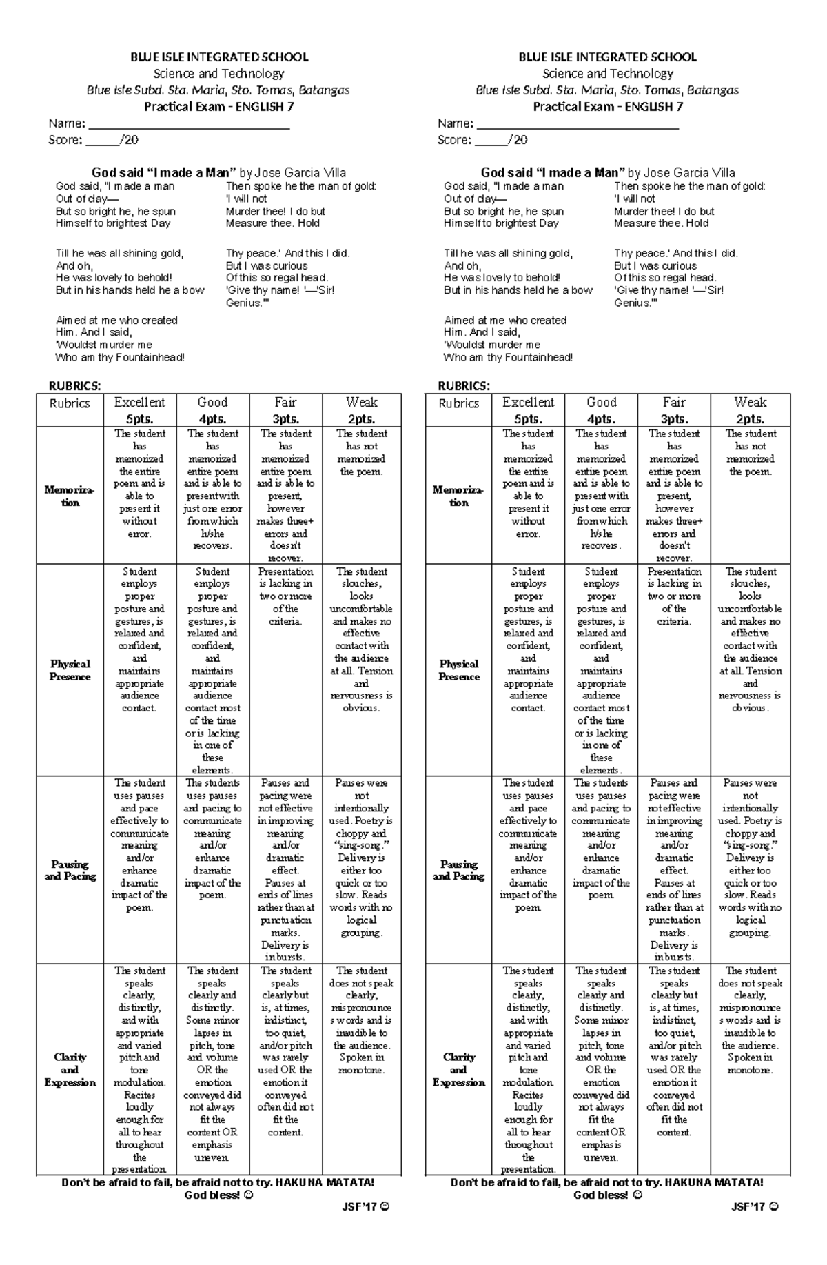 Grade 7 poem rubrics - BLUE ISLE INTEGRATED SCHOOL Science and ...