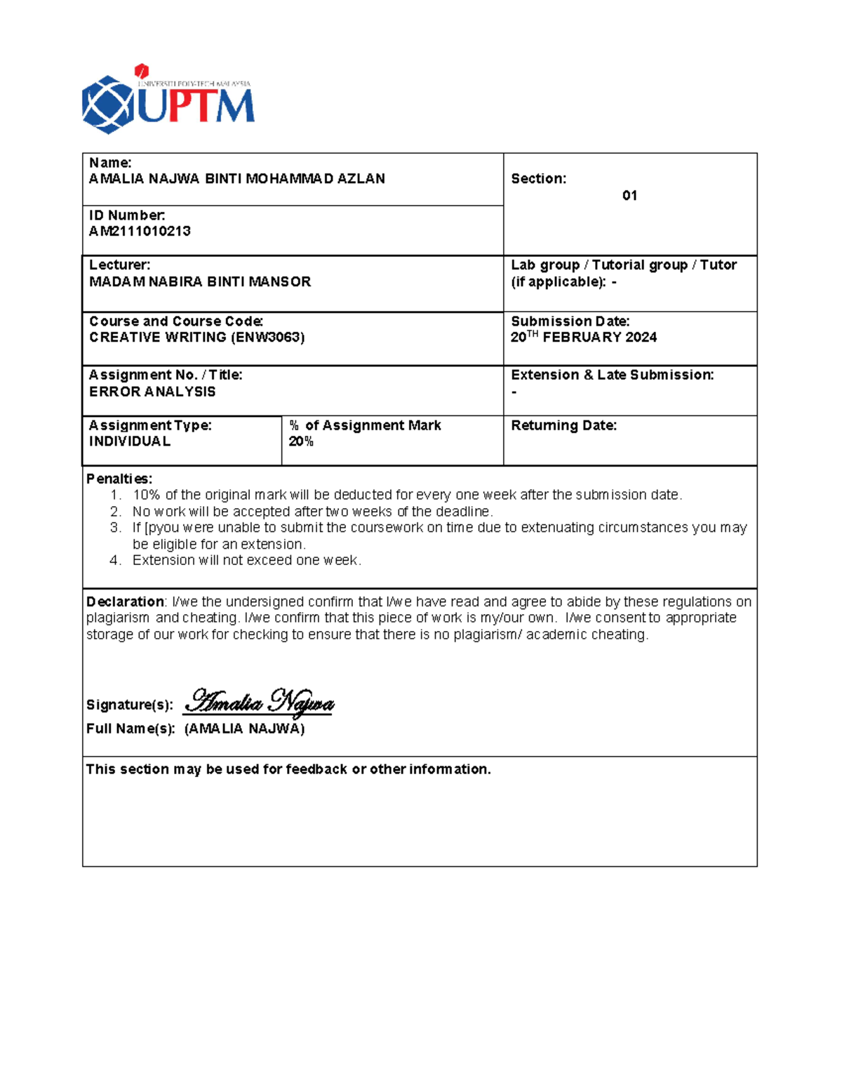 Amalia Najwa Am2111010213 Error Analysis Assignment Name Amalia