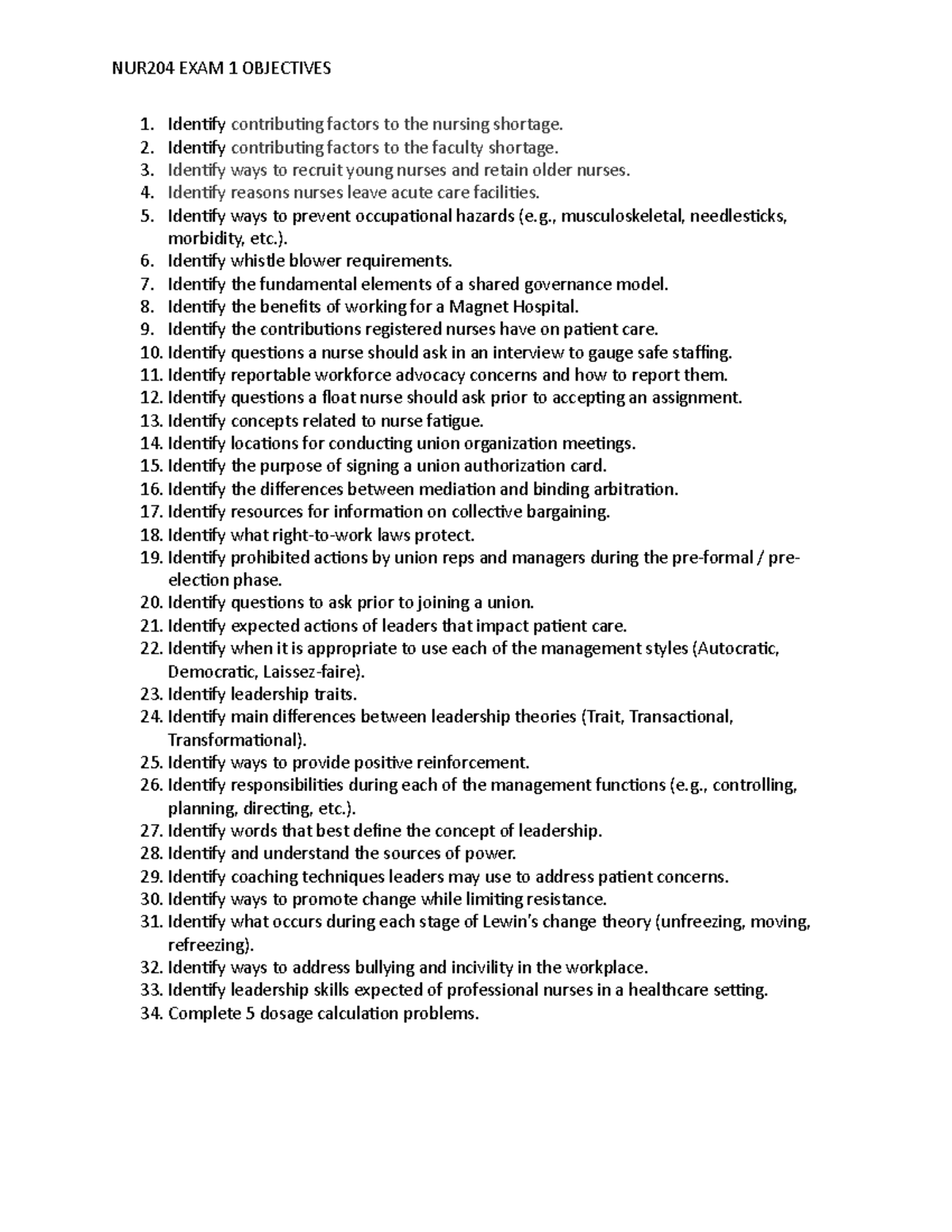 NUR204 EXAM 1 Objectives - NUR204 EXAM 1 OBJECTIVES Identify ...