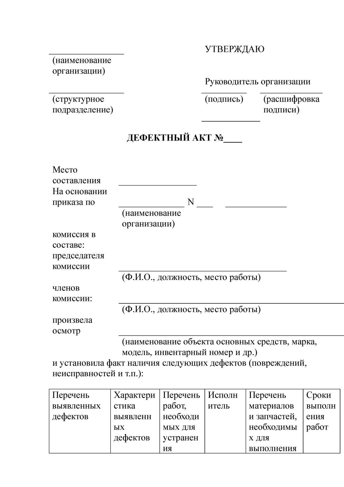 Дефектный акт в строительстве бланк - УТВЕРЖДАЮ (наименование организации)  Руководитель организации - Studocu