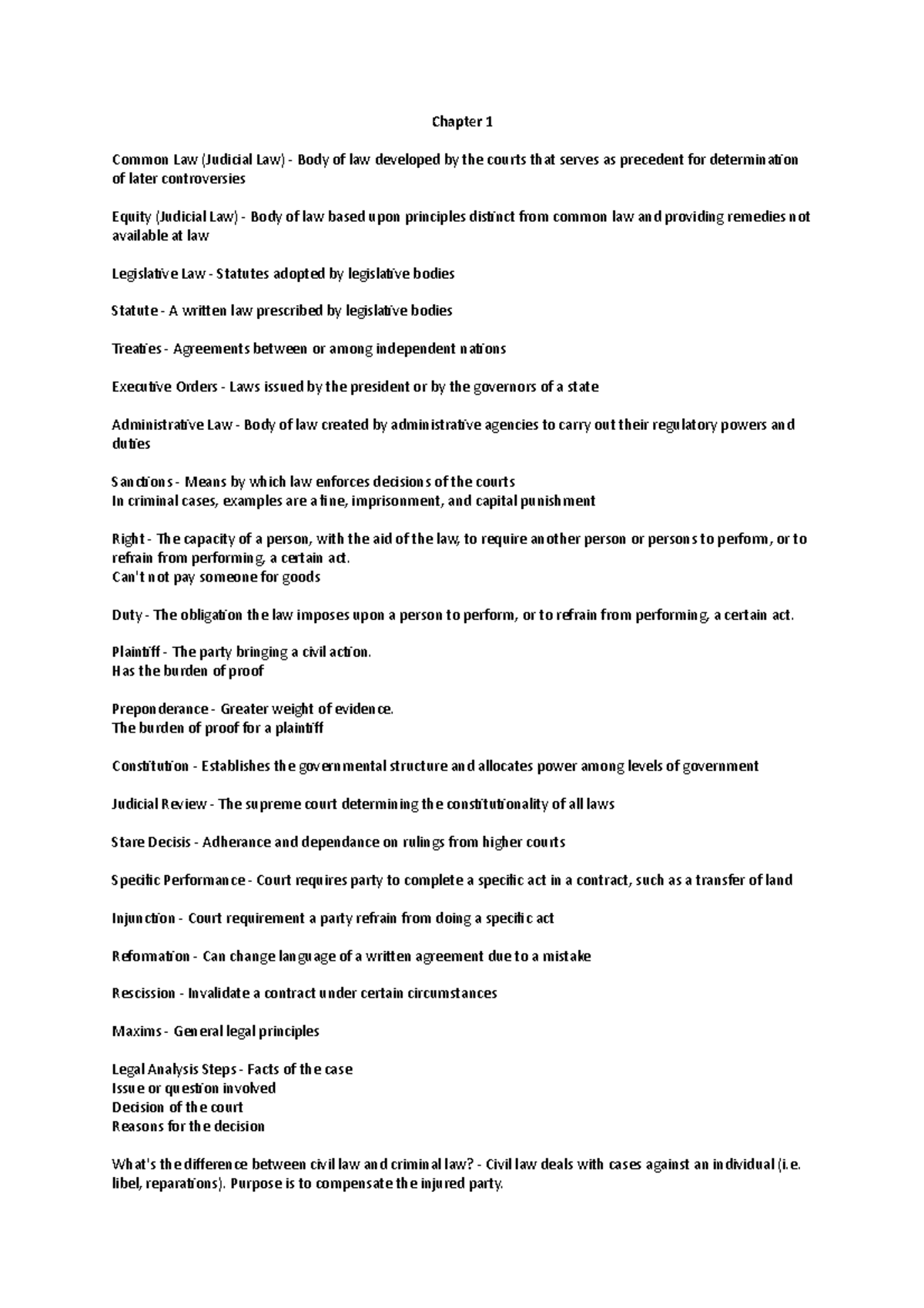 Bussiness LAw Chapter 1 - Chapter 1 Common Law (Judicial Law) - Body of ...