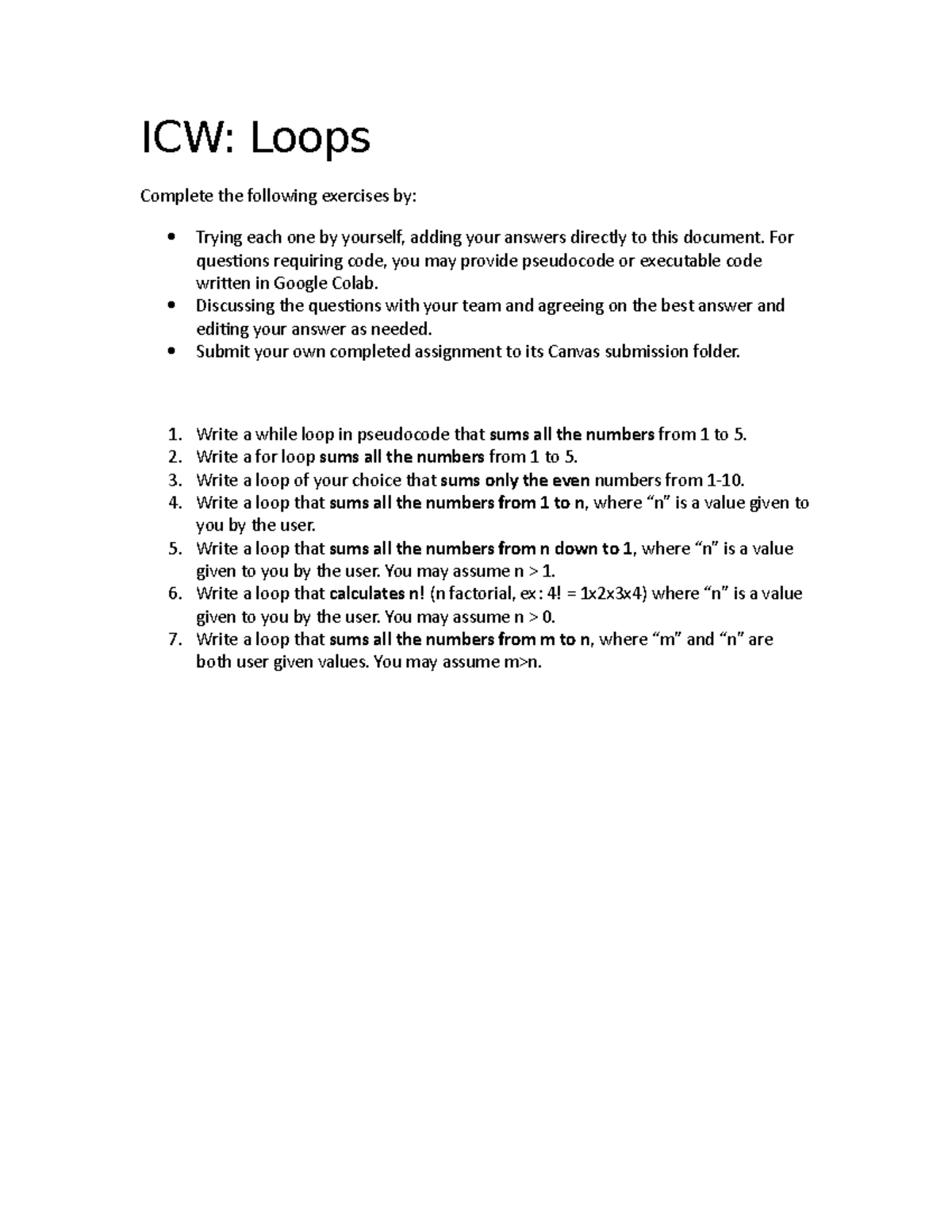 ICW Loops-1 - sqswswd - ICW: Loops Complete the following exercises by ...