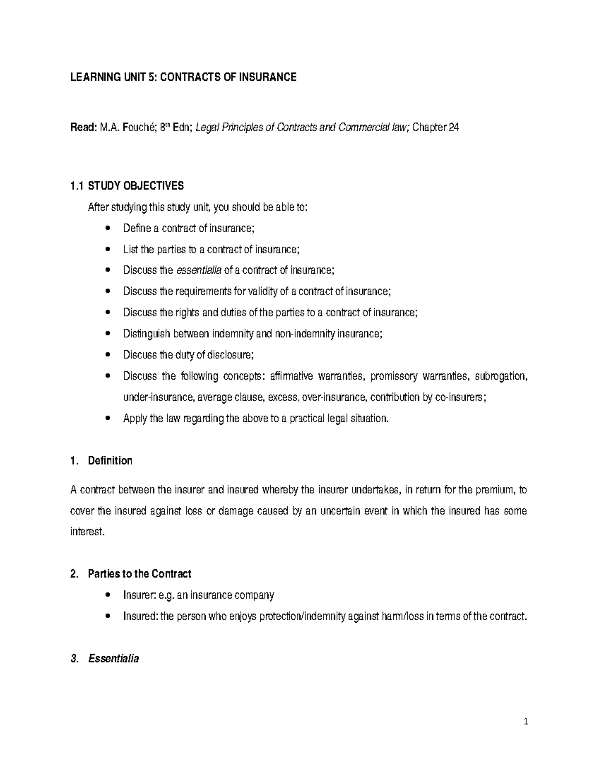 Learning UNIT 5 - Ms Marais - LEARNING UNIT 5: CONTRACTS OF INSURANCE ...