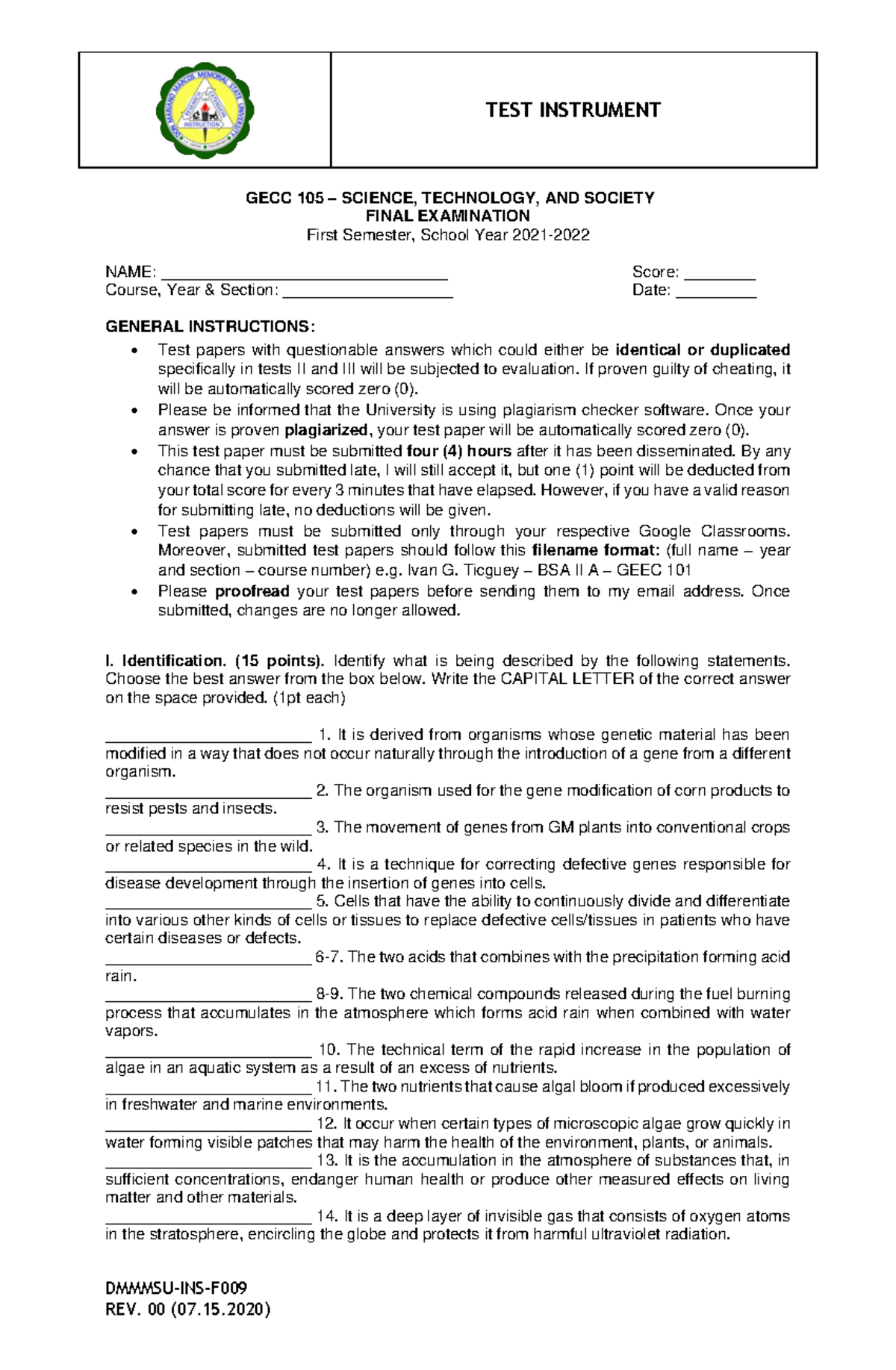 Copy of Test Instrument GECC 105 Final Exam DMMMSUINSF GECC 105