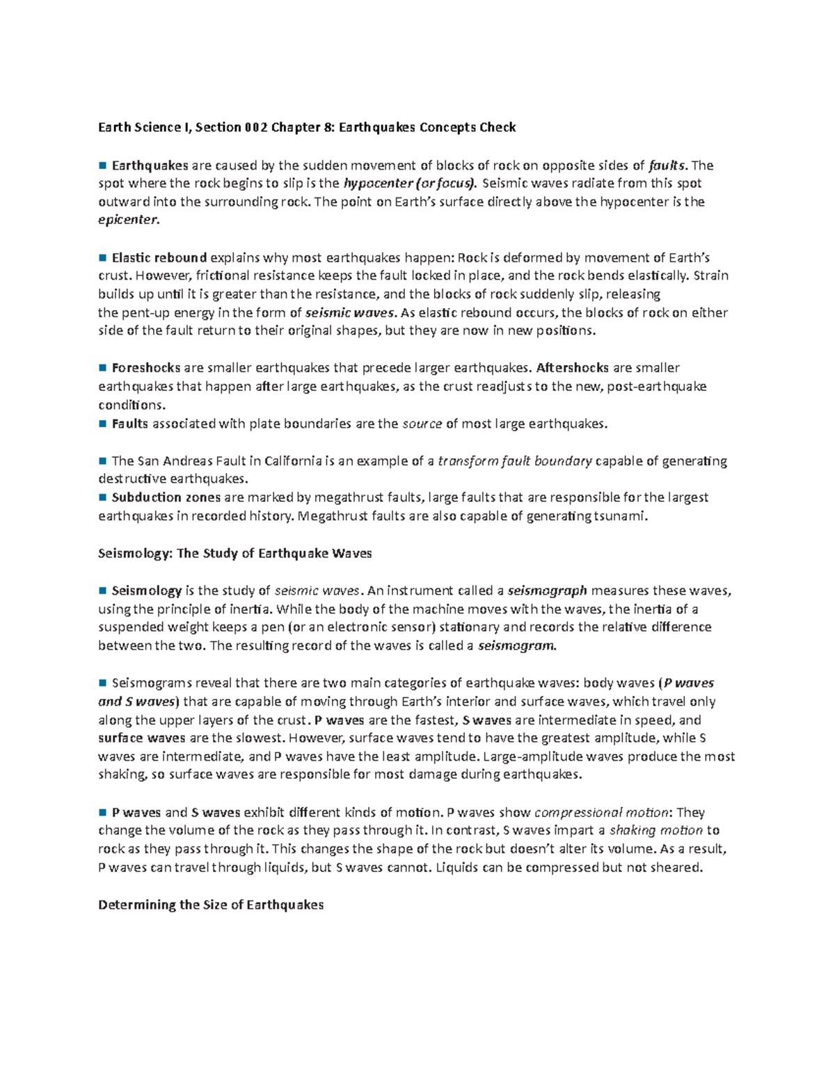 ES Ch 8 Vocab Earth Science I, Section 002 Chapter 8 Earthquakes