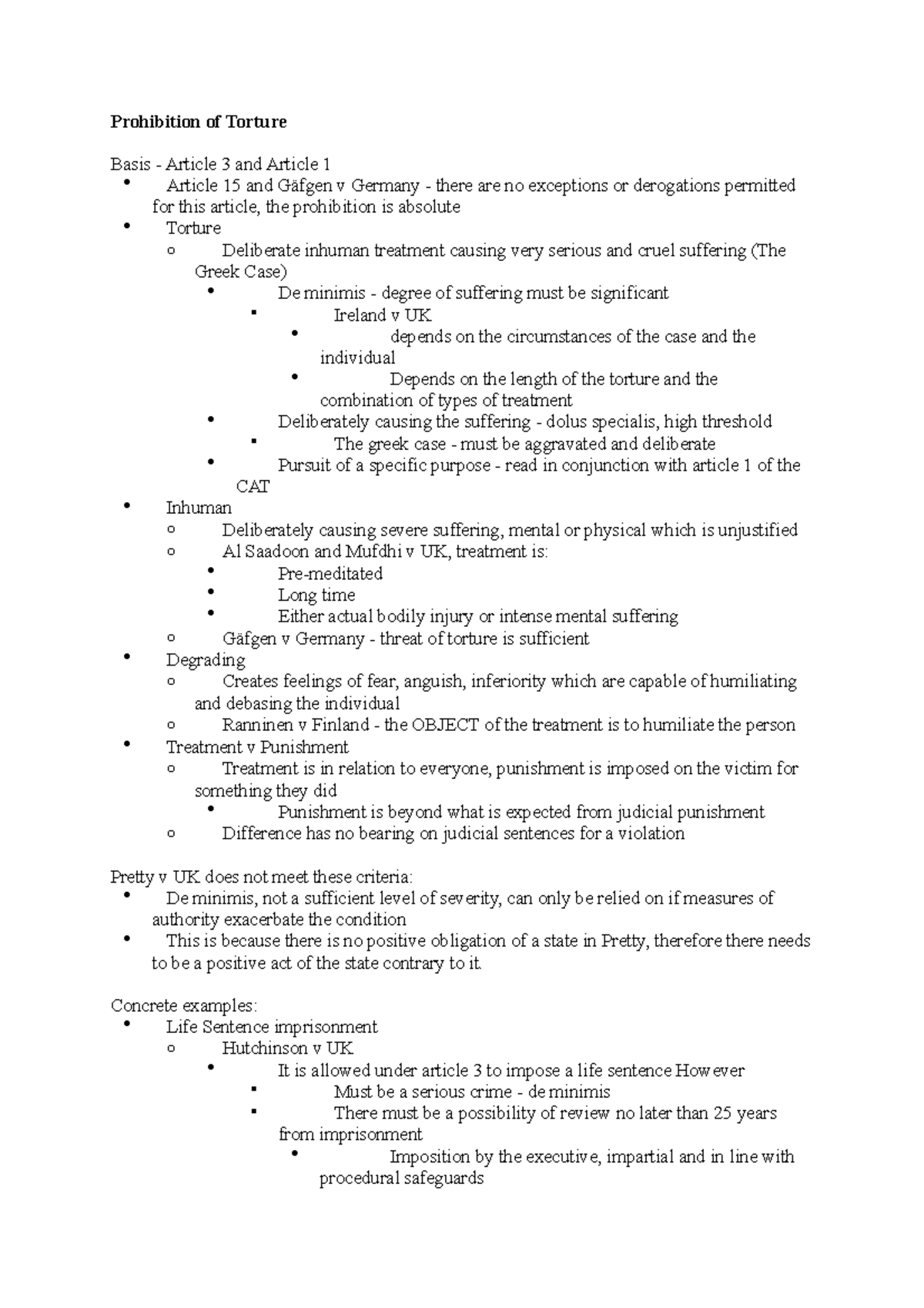 Prohibition of Torture Concrete examples Life Sentence imprisonment