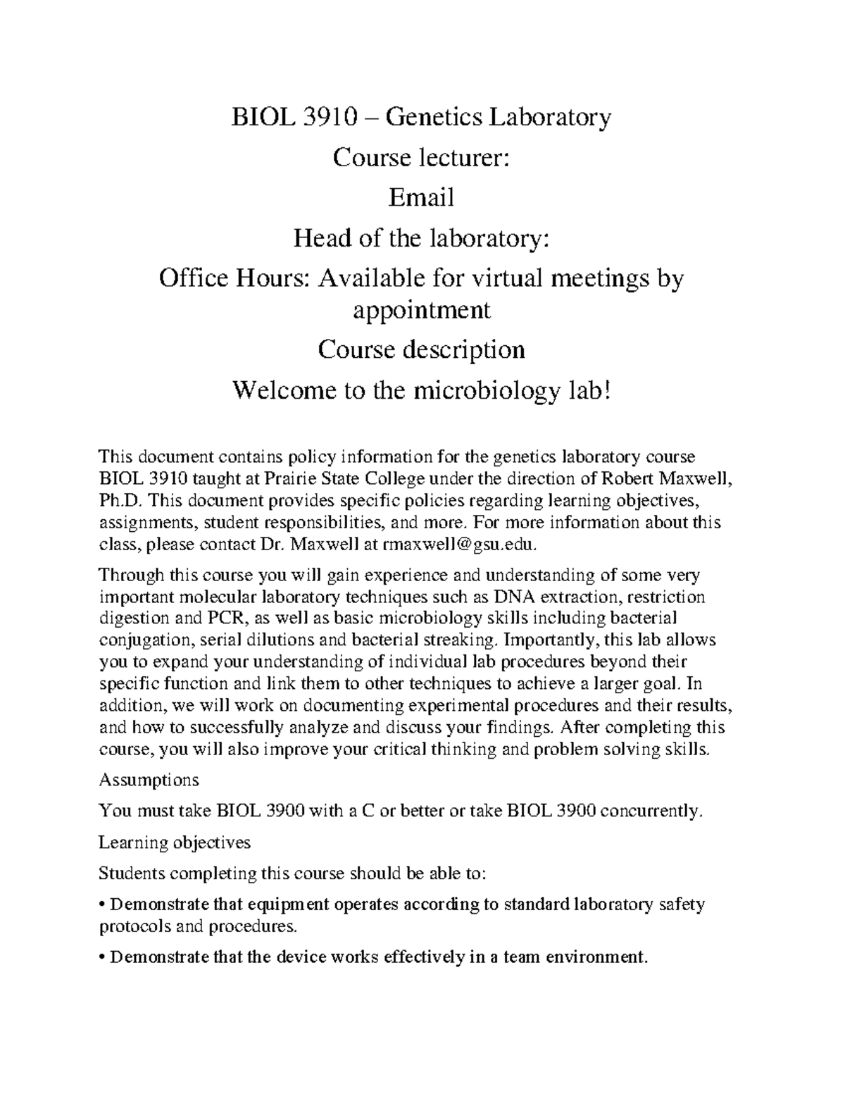 BIOL 3910 Syllabus BIOL 3910 Laboratory Course lecturer