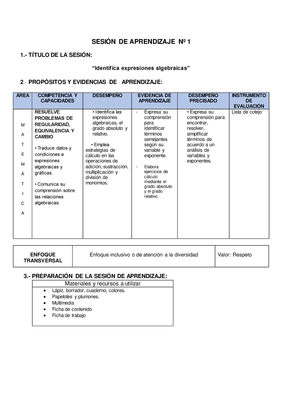 Sesion DE Aprendizaje N°1 Matematica 1ro Sec - SESIÓN DE APRENDIZAJE Nº ...