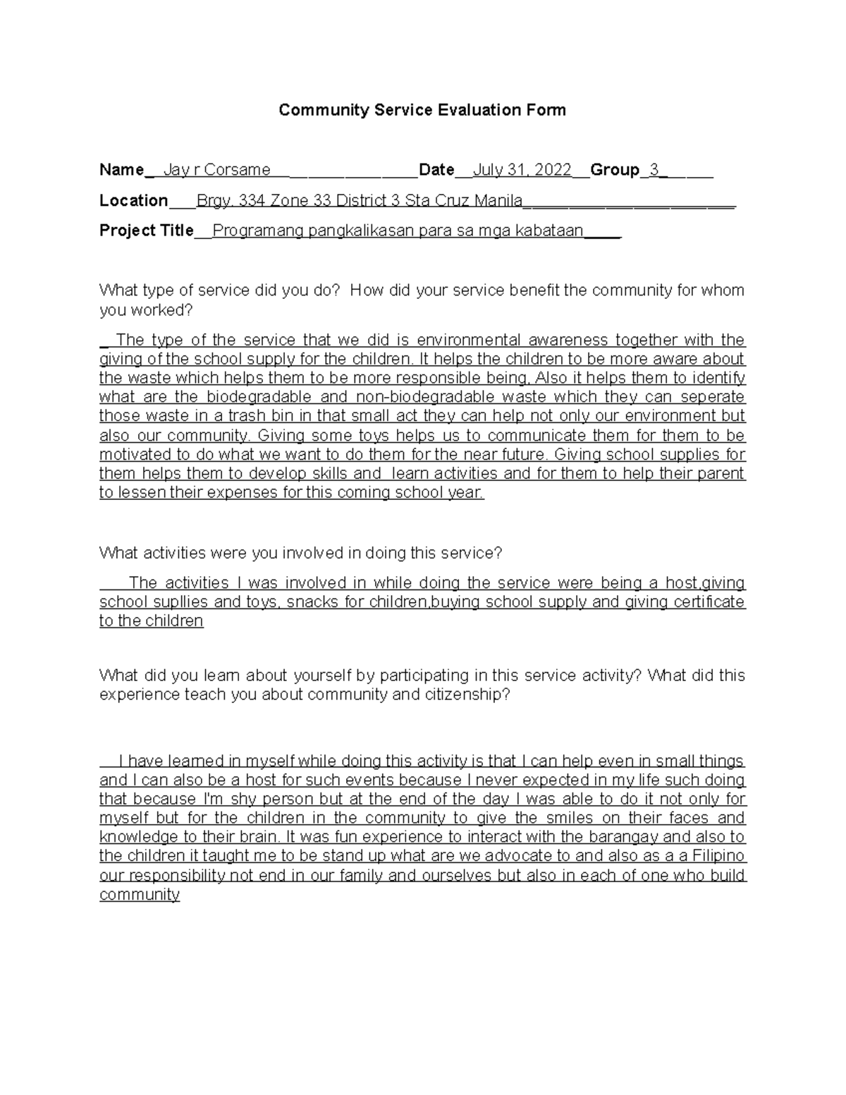 Community Service Evaluation Form Corsame Community Service Evaluation Form Name_ Jay r