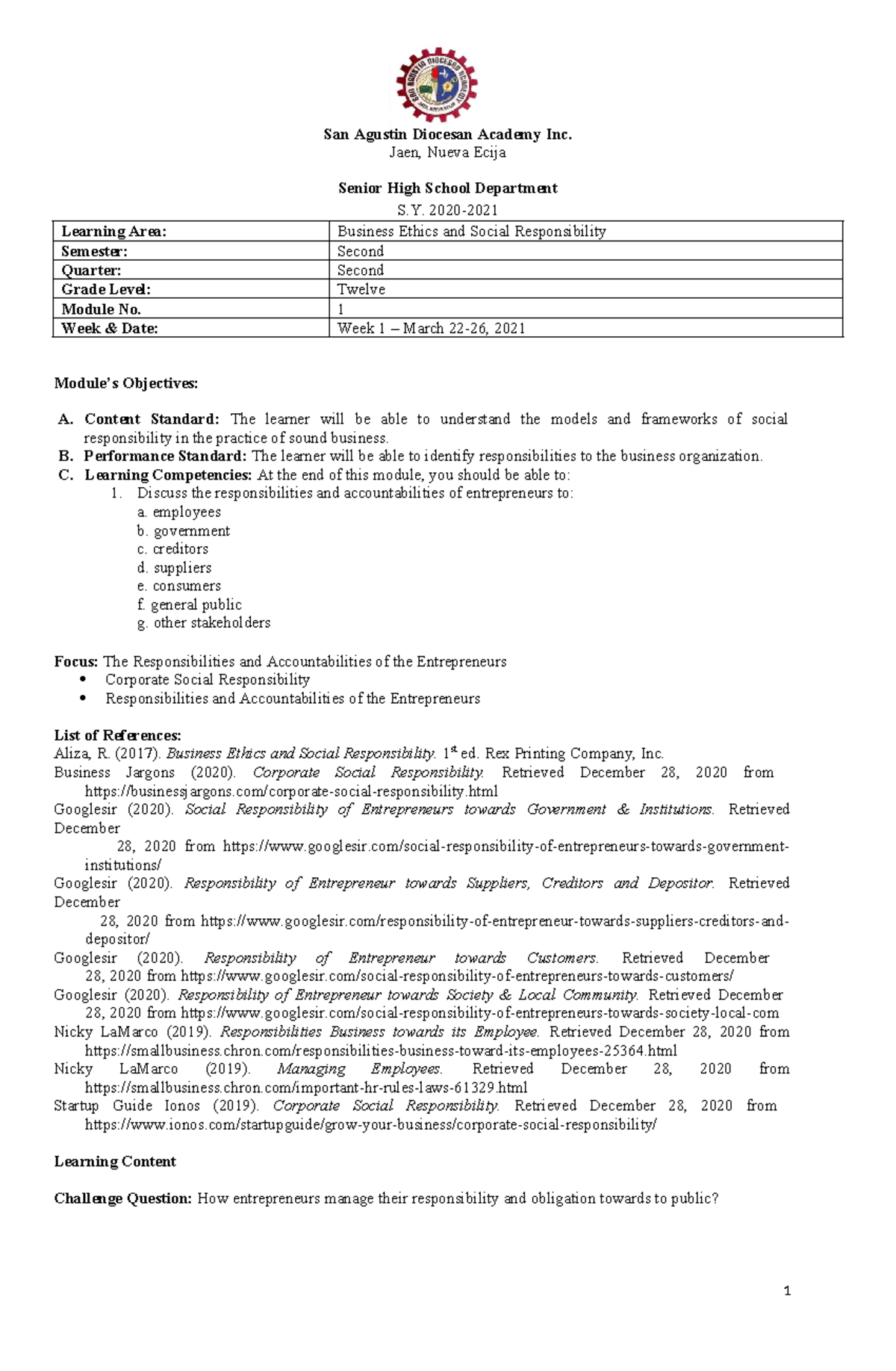 BESR Module 1 : - San Agustin Diocesan Academy Inc. Jaen, Nueva Ecija ...