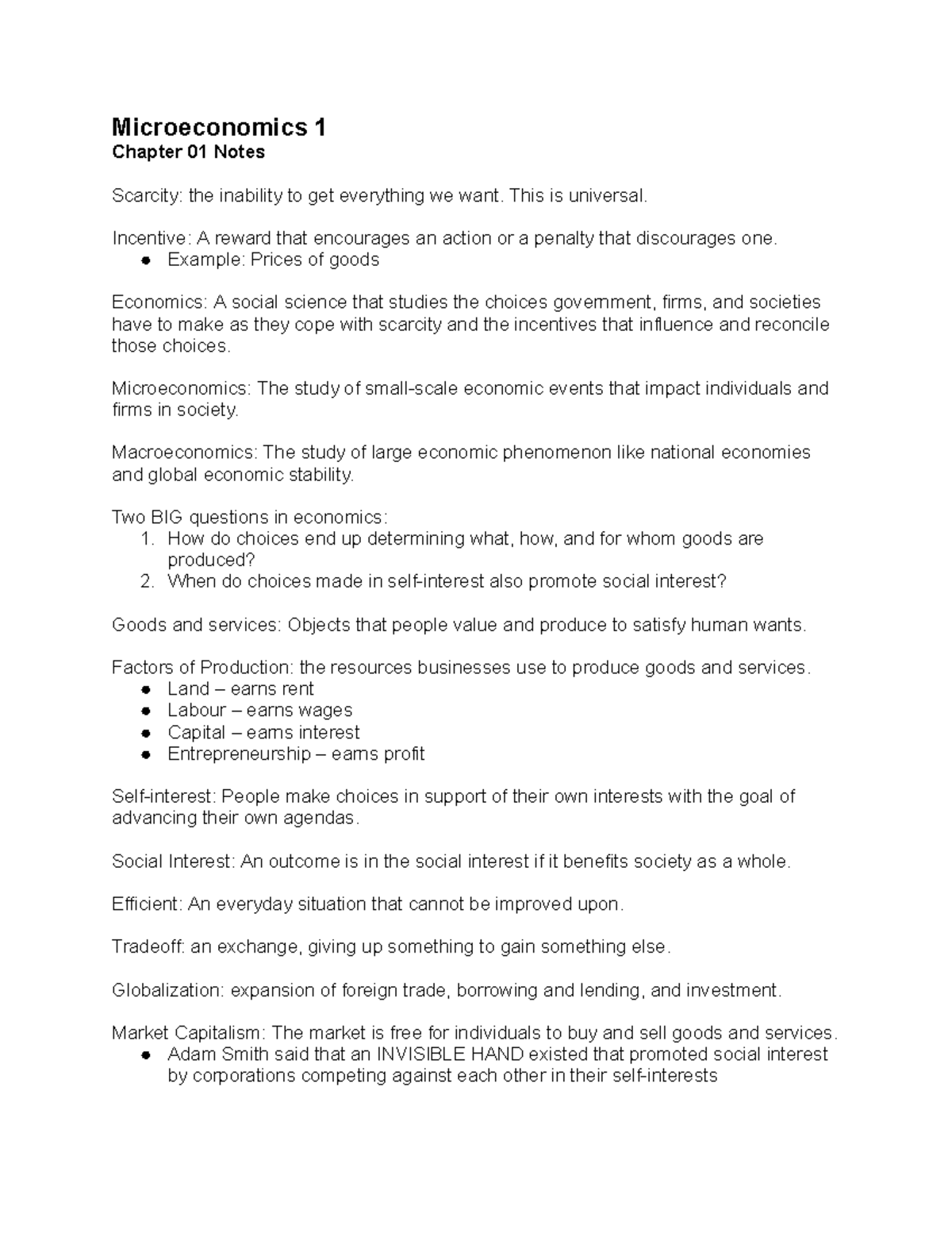 ECON Final Notes - Microeconomics 1 Chapter 01 Notes Scarcity: the ...