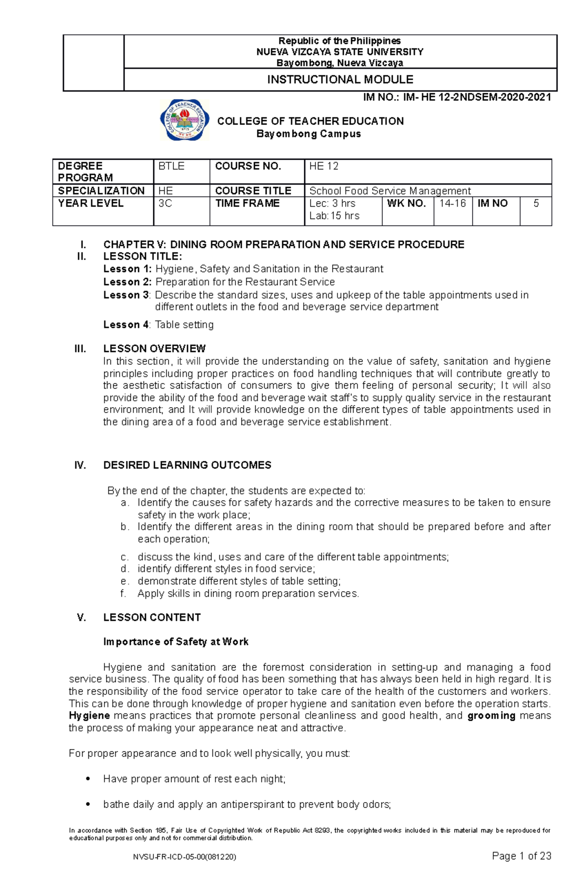 HE 12 Module 5 - NUEVA VIZCAYA STATE UNIVERSITY Bayombong, Nueva ...