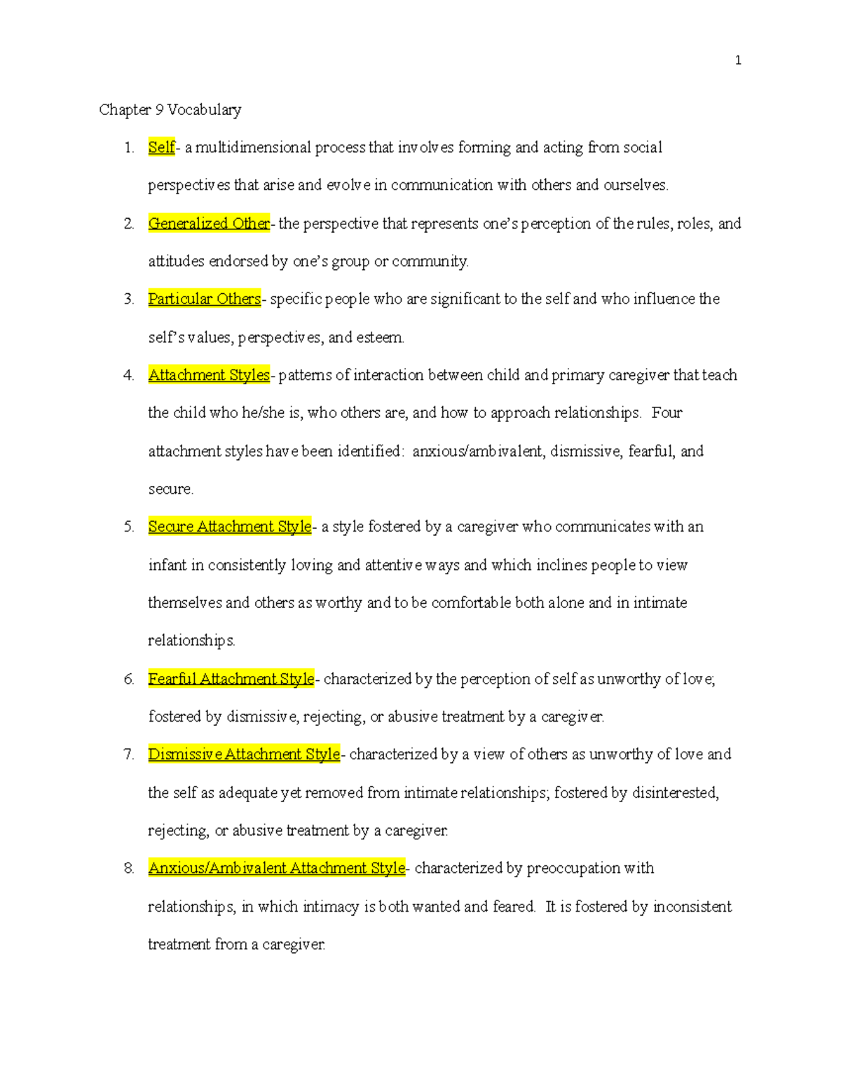 Chapter 9 Vocabulary - 1 Chapter 9 Vocabulary 1. Self - a ...