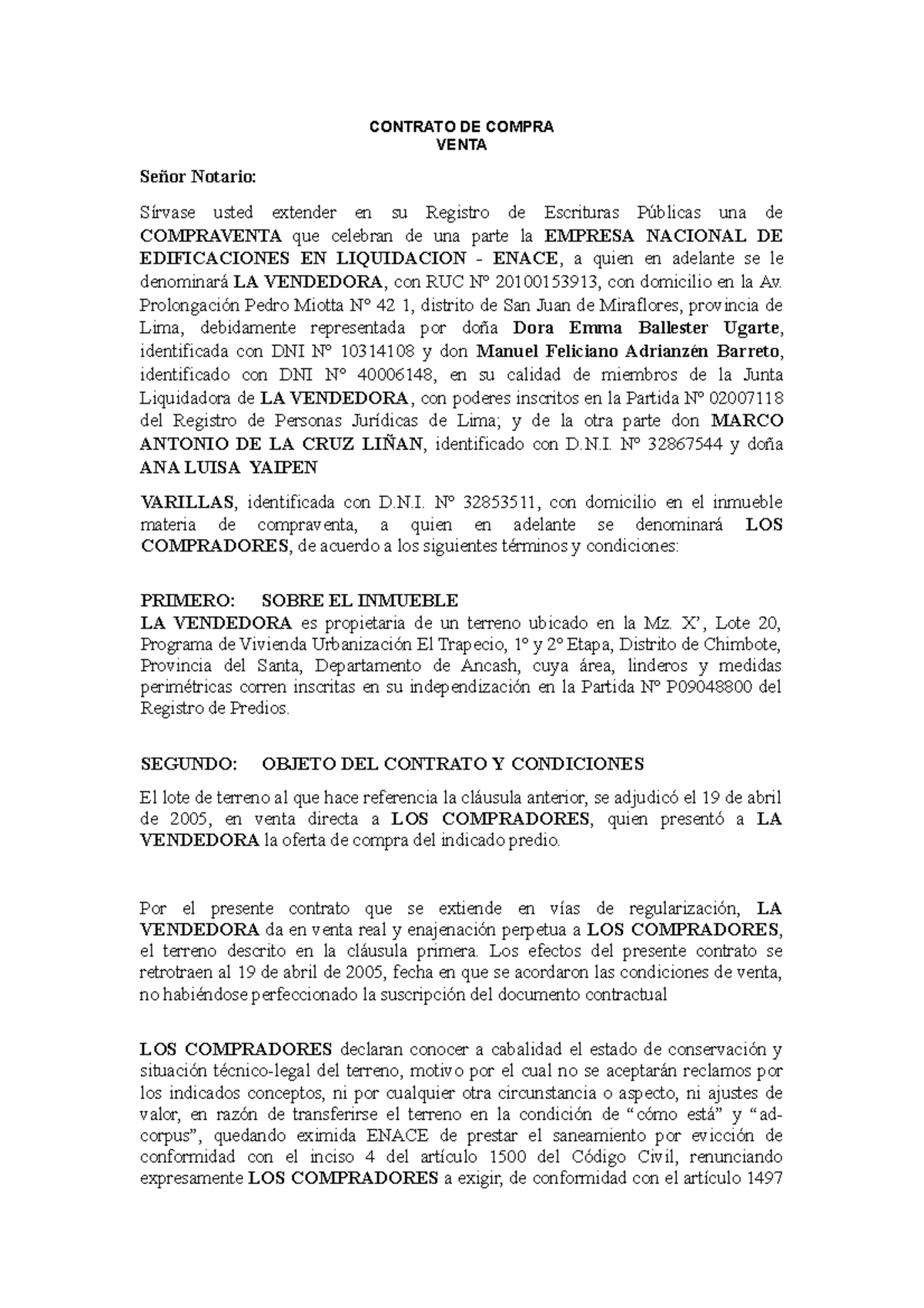 Contrato De Compra Venta Contrato De Compra Venta Señor Notario