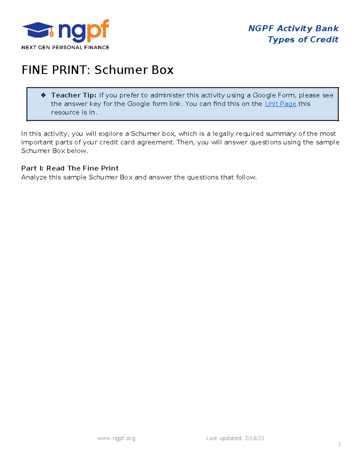 Copy Of FINE Print Schumer Box - NGPF Activity Bank Types Of Credit ...