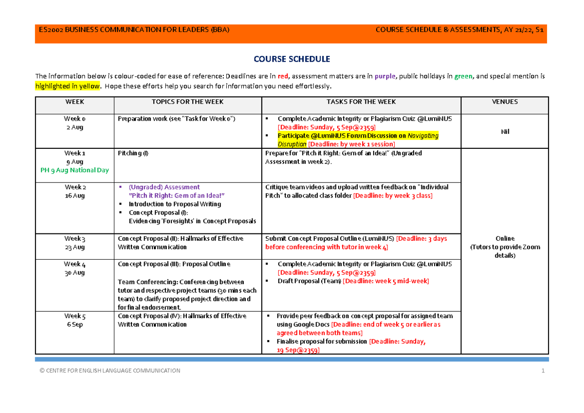 Course Schedule AY2021-22 - Revised - ES2002 BUSINESS COMMUNICATION FOR ...