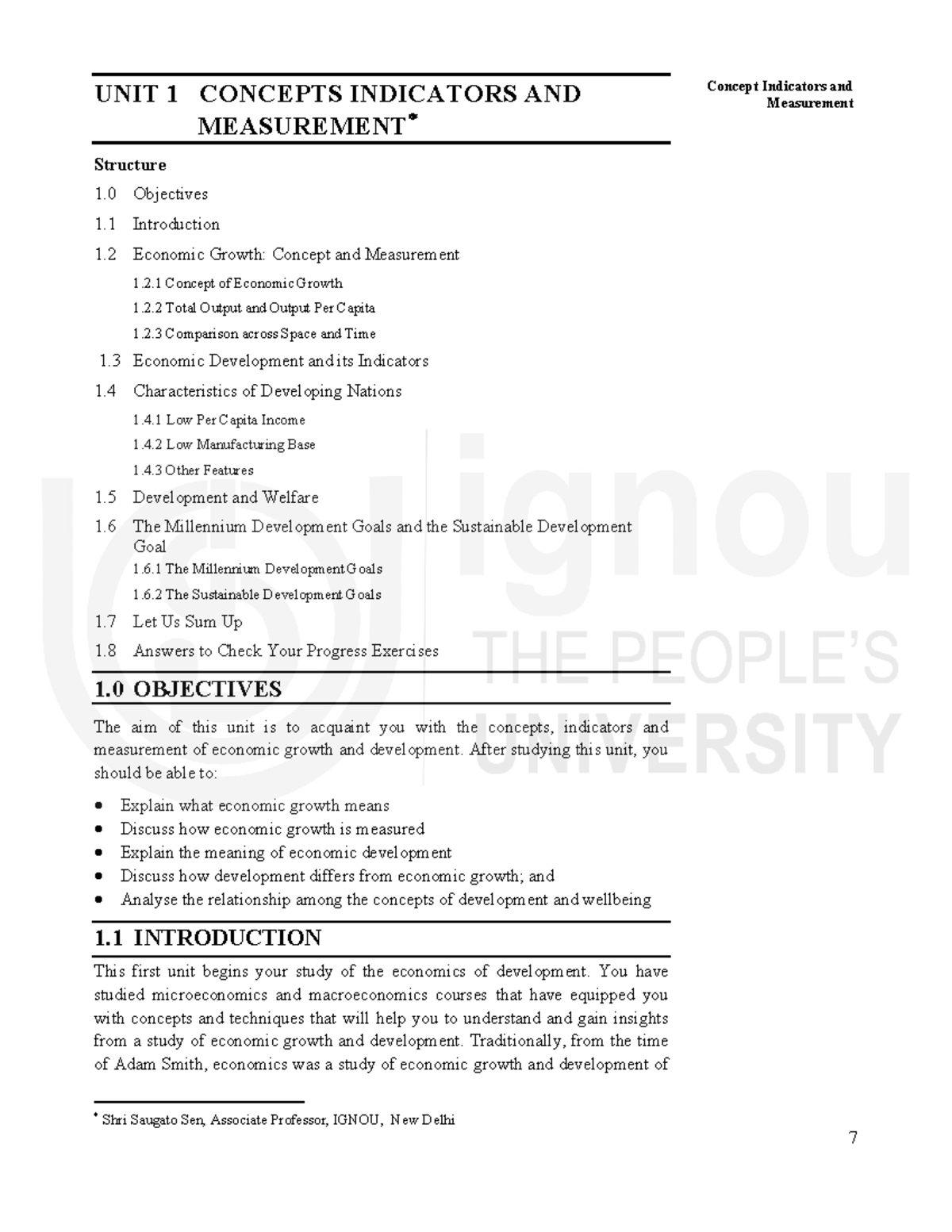 Unit1 Developmental Economics 1 Concept Indicators and UNIT 1