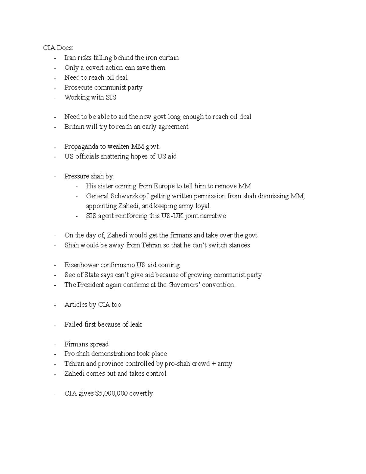 Sept 9 Readings - Notes from assigned reading - CIA Docs: - Iran risks ...