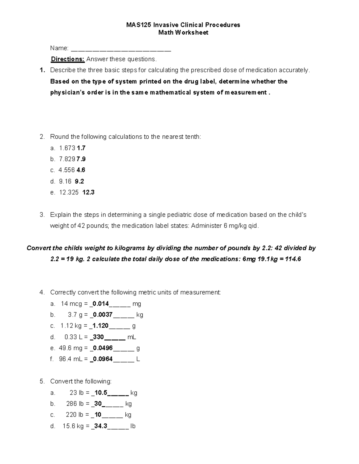 Worksheet week 6 - MAS125 Invasive Clinical Procedures Math Worksheet ...