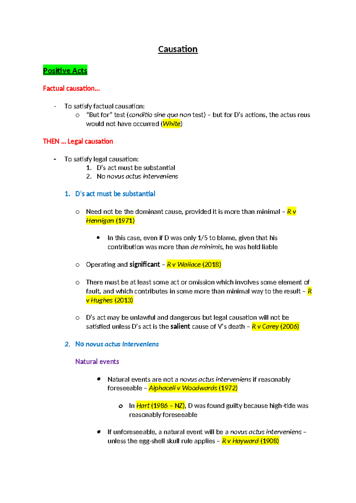 Actus Reus Summary - Causation Positive Acts Factual causation... - To ...