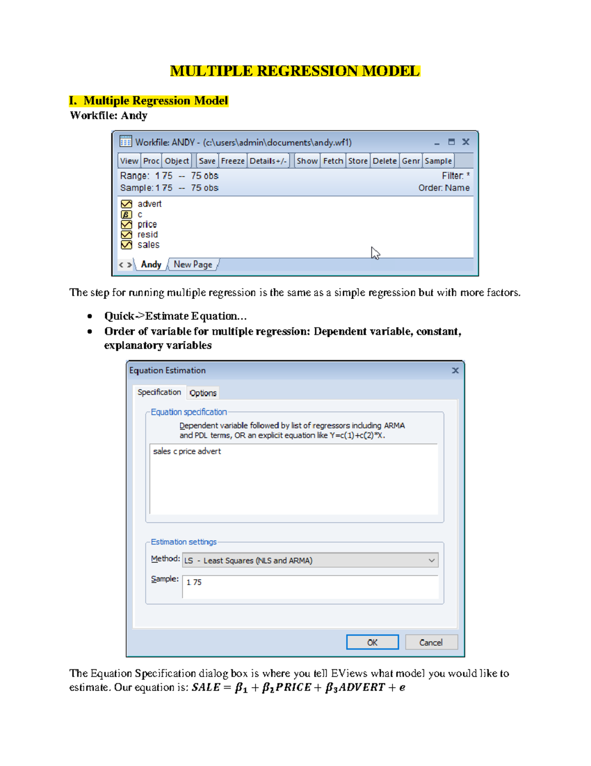 Multiple Regression Model - MULTIPLE REGRESSION MODEL I. Multiple ...