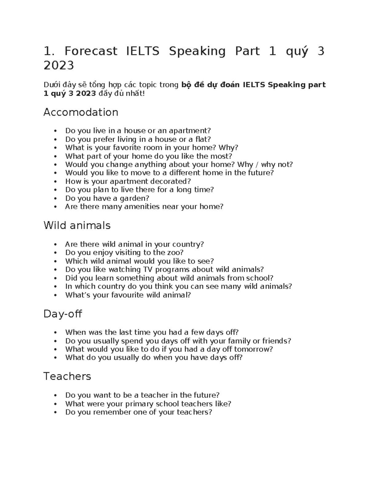 Bộ đề Forecast QUÝ 3 - 2023 - 1. Forecast IELTS Speaking Part 1 quý 3 ...