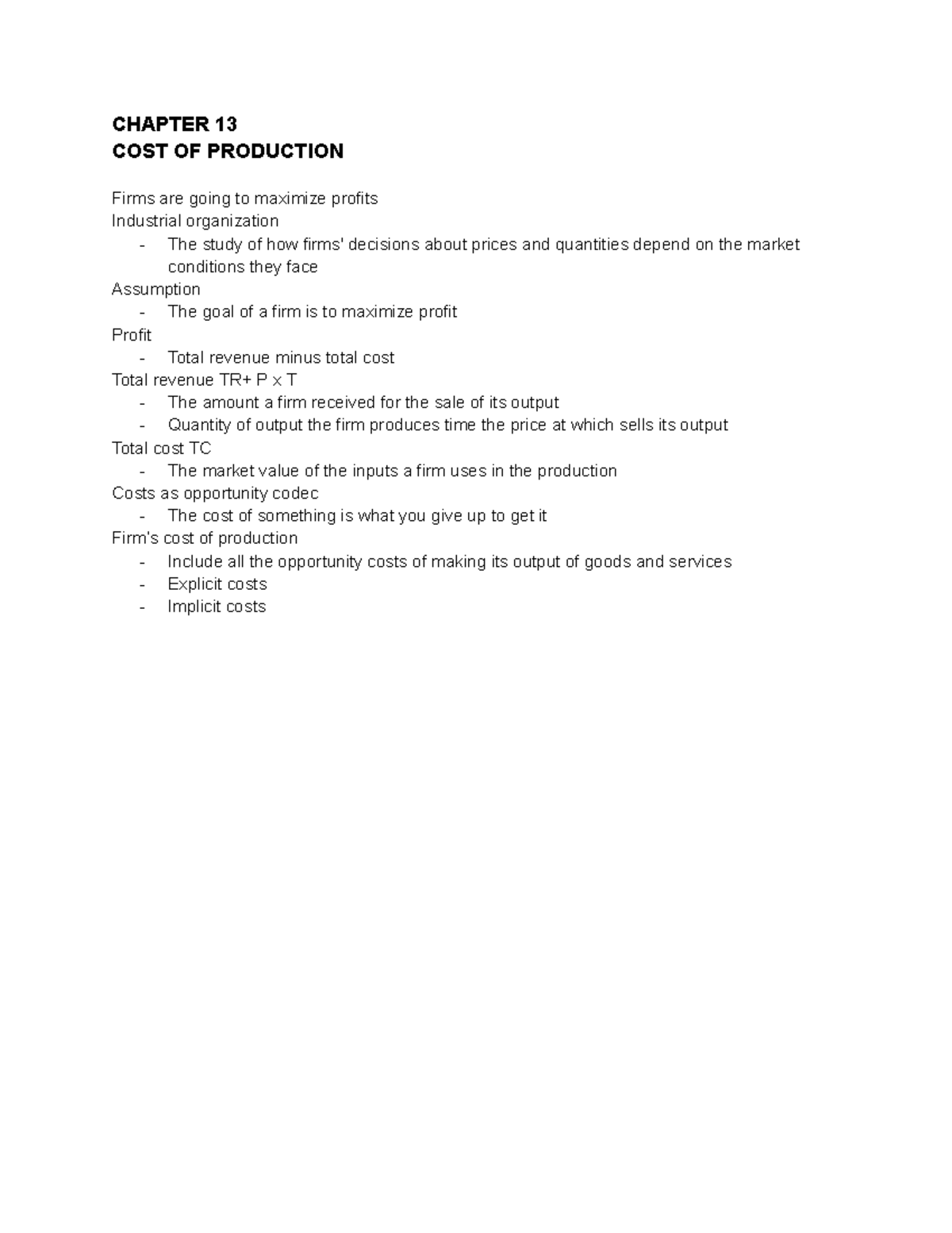 ECON 1101 - ECON 1101 - Lecture Notes Chapter 13 - CHAPTER 13 COST OF ...