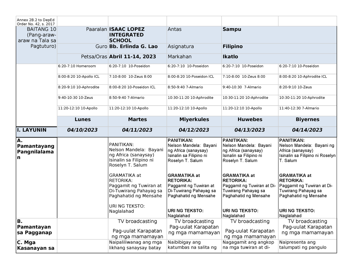 Q3 G10 M6-latest - DLL - Annex 2B To DepEd Order No. 42, S. 2017 ...