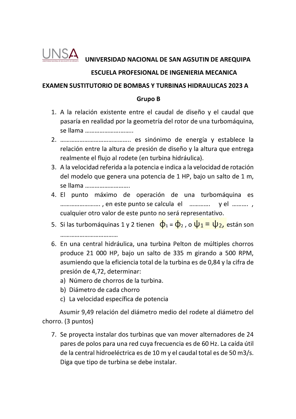 Examen Sustitutorio DE Bombas Y Turbinas Hidraulicas 2023 A Grupo B ...