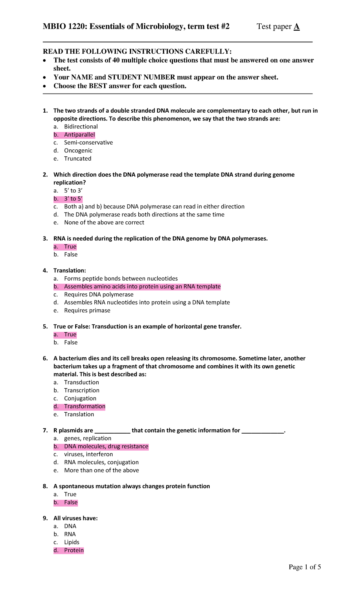 Mbio 1220 Midterm 2 - Read The Following Instructions Carefully: The 