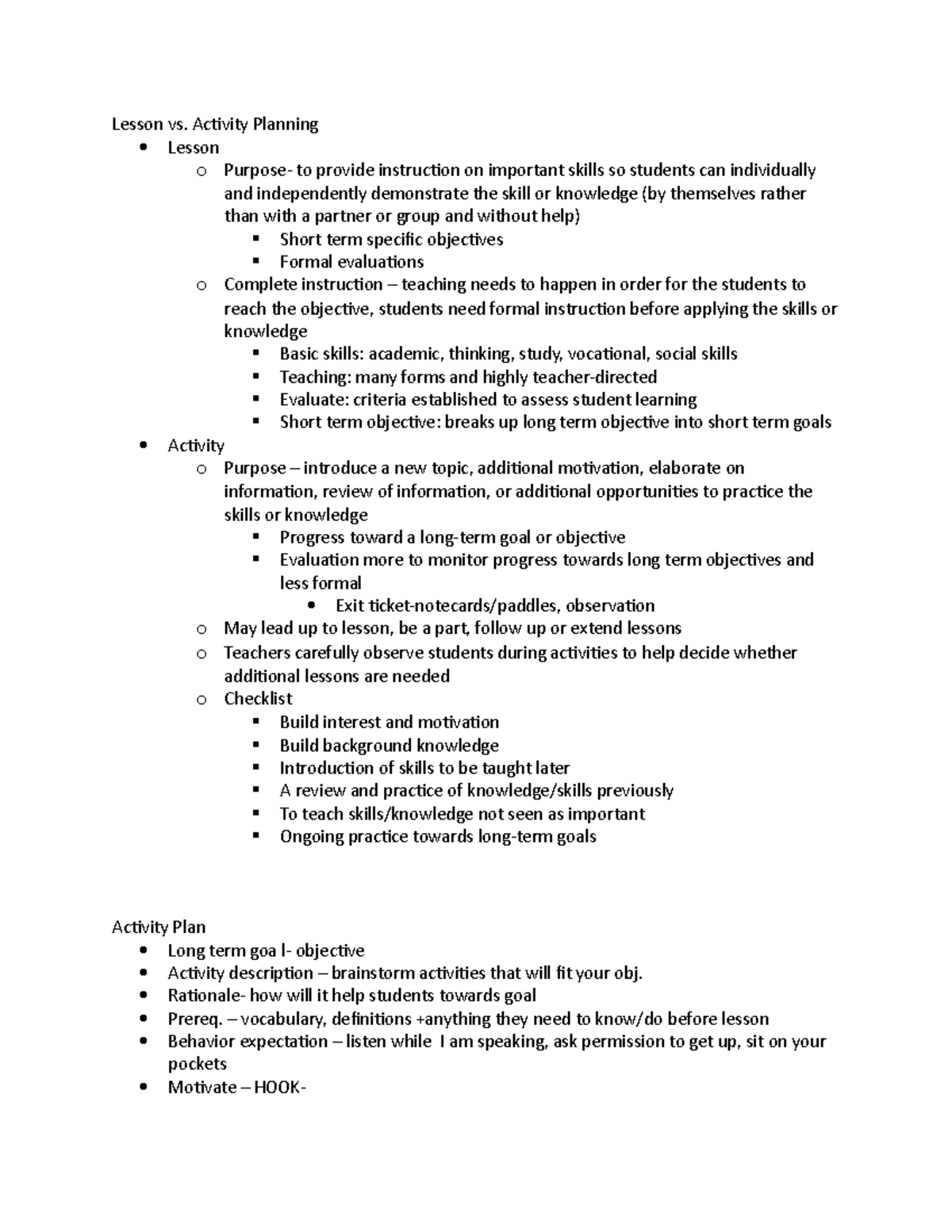 Lessonvs Activity - Allred - Lesson vs. Activity Planning Lesson o ...