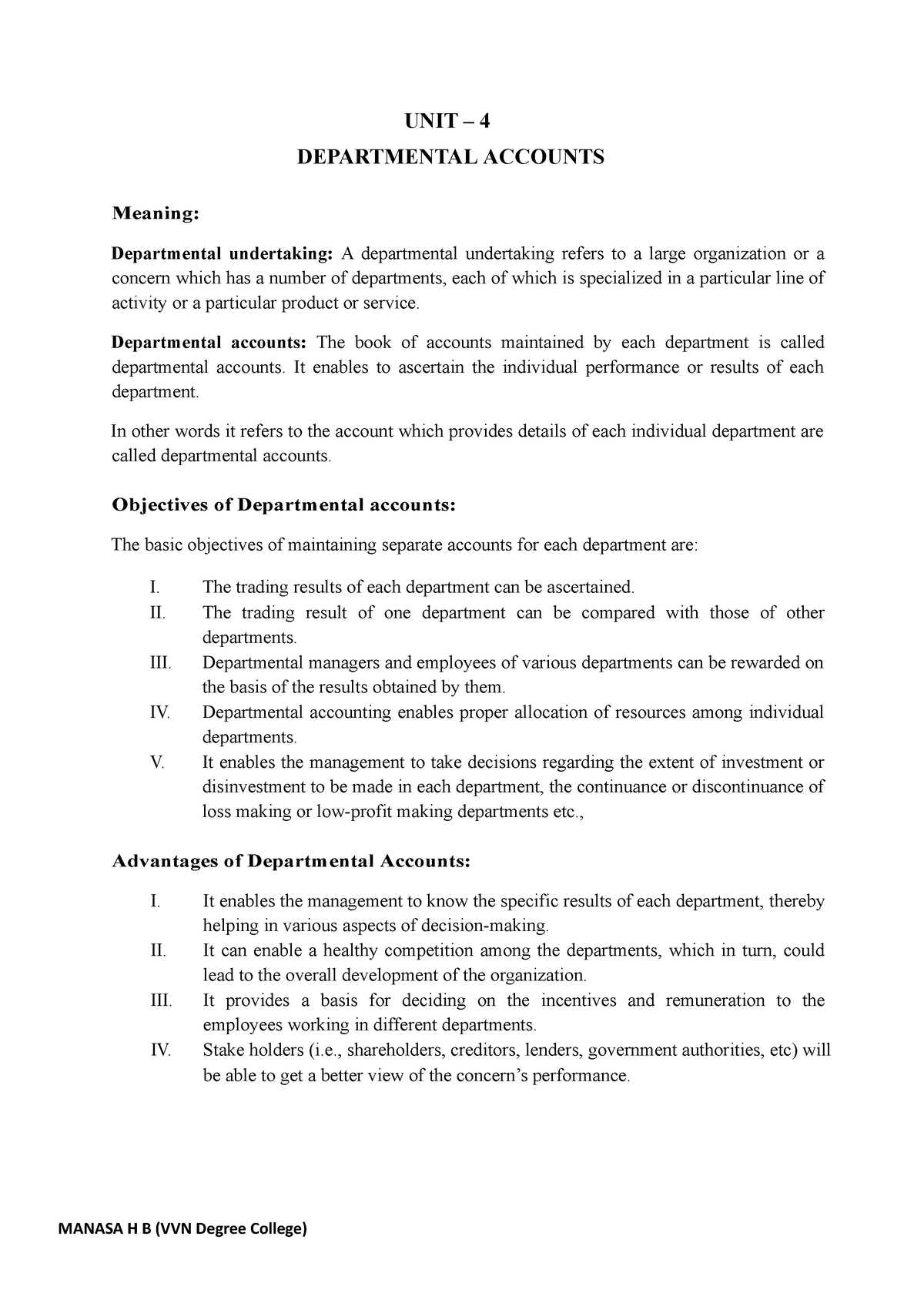 Departmental accounts theory UNIT 4 DEPARTMENTAL ACCOUNTS Meaning