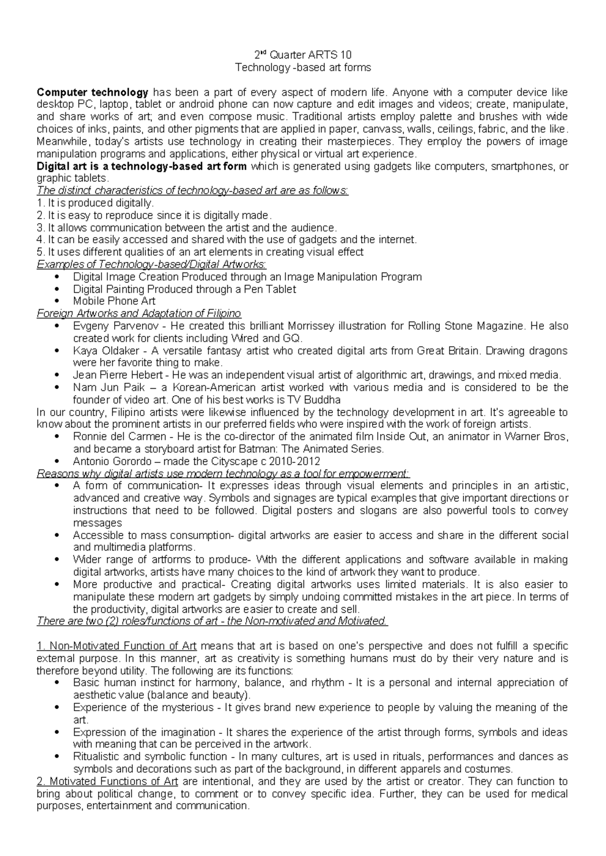 Arts10 notes - 2 nd Quarter ARTS 10 Technology -based art forms ...