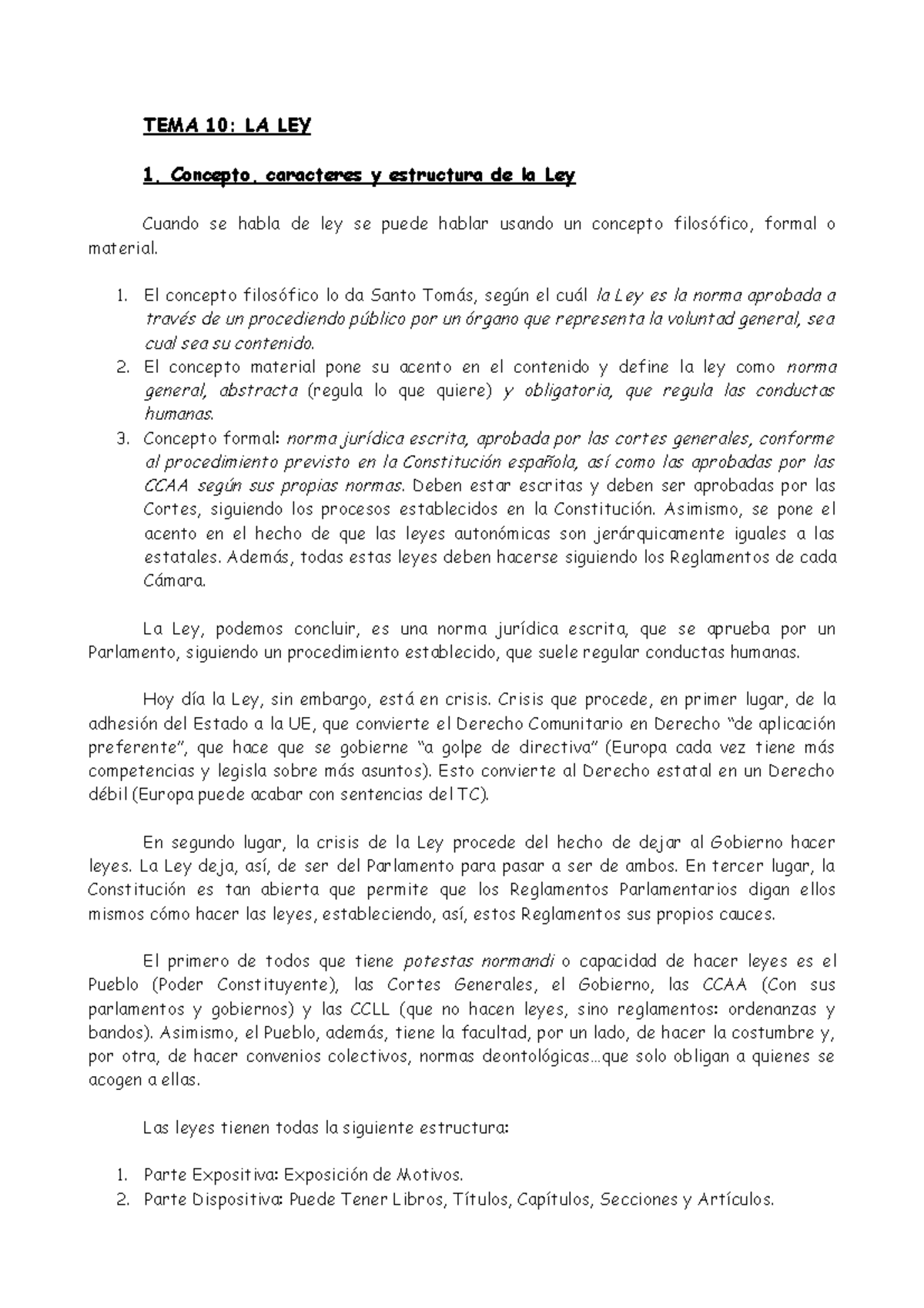 Apuntes, tema 10 - TEMA 10: LA LEY 1. Concepto, caracteres y estructura ...